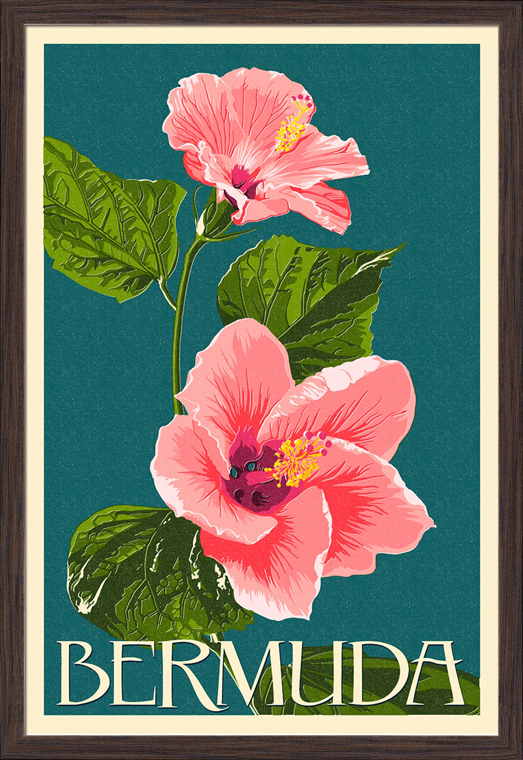 Bermuda Pink Hibiscus 24x36 Giclee Fine Art Print with Recycled Wood Frame in Espresso Brown - Perfect for Home Decor, Living Room Wall Art & Office Decoration