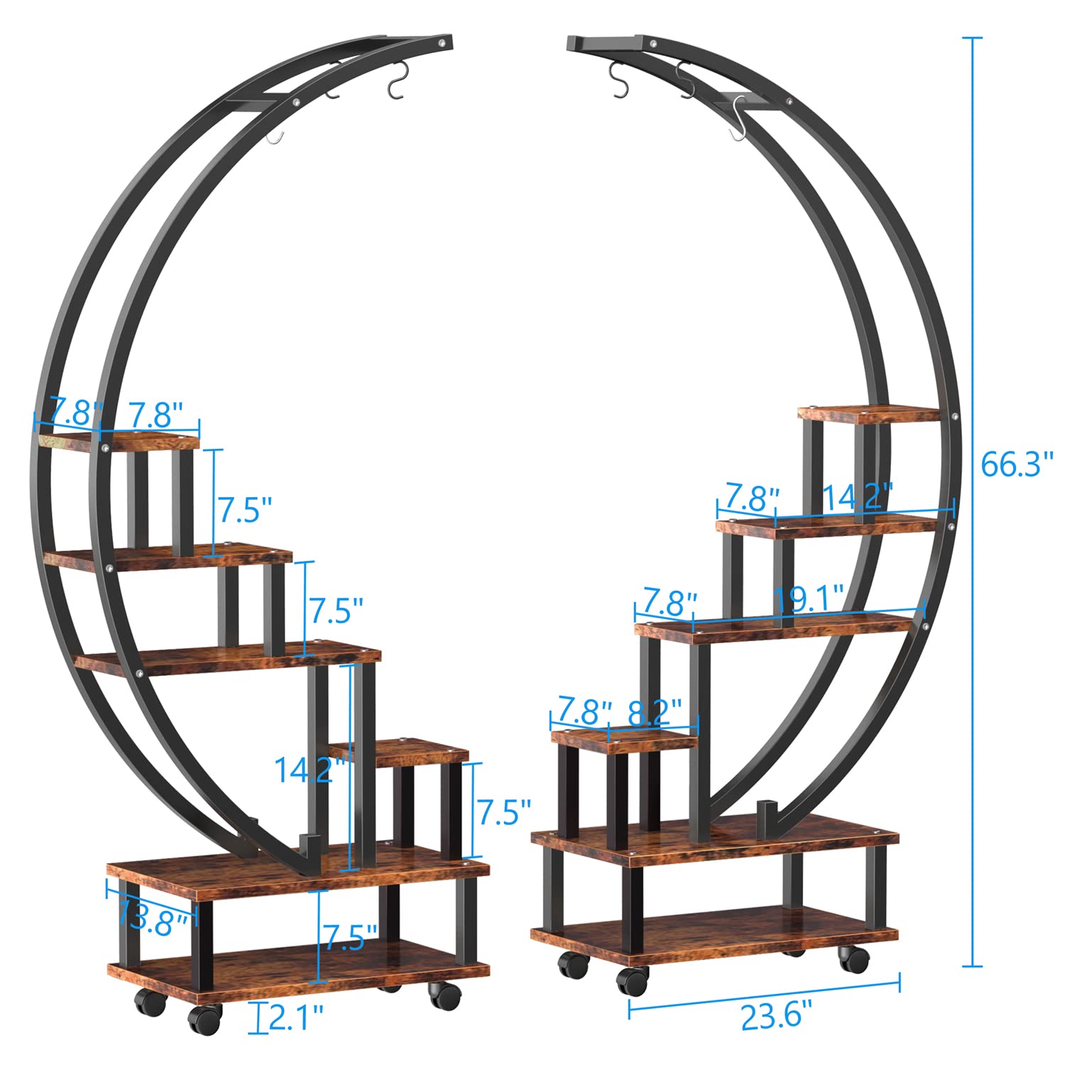 2 Pcs 6-Tier Tall Metal Indoor Plant Stand with Detachable Wheels - Half Moon Shaped Plant Shelf Holder for Outdoor, Balcony, Patio & Garden - Multi-Purpose Home Decor Plant Stand for Living Room, Office & Nursery (Ideal for Small Spaces & Plant Display)