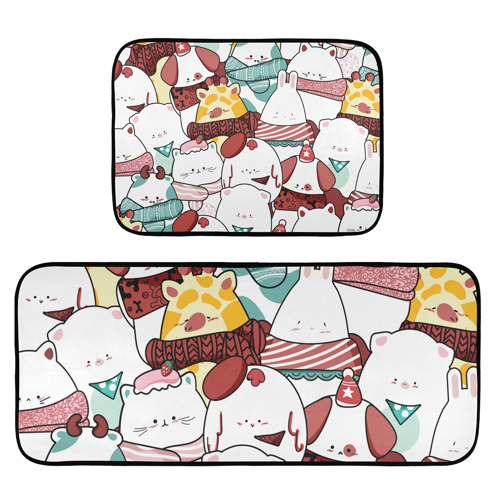 2-Piece Cute Animal Christmas Kitchen Rugs Set - Non-Slip Cushioned Anti-Fatigue Mats, Washable Runner Carpet for Farmhouse Decor - Perfect for Kitchen, Hallway, Bedroom & Holiday Home Decor