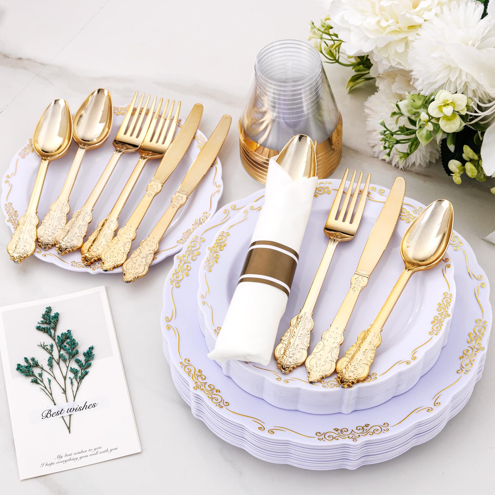 175-Piece Gold Plastic Party Dinnerware Set - 25 Dinner Plates, 25 Dessert Plates, 25 Gold Cutlery, 25 9oz Cups & 25 Rolled Napkins - Elegant White & Gold Disposable Tableware for Weddings, Birthdays & Special Events