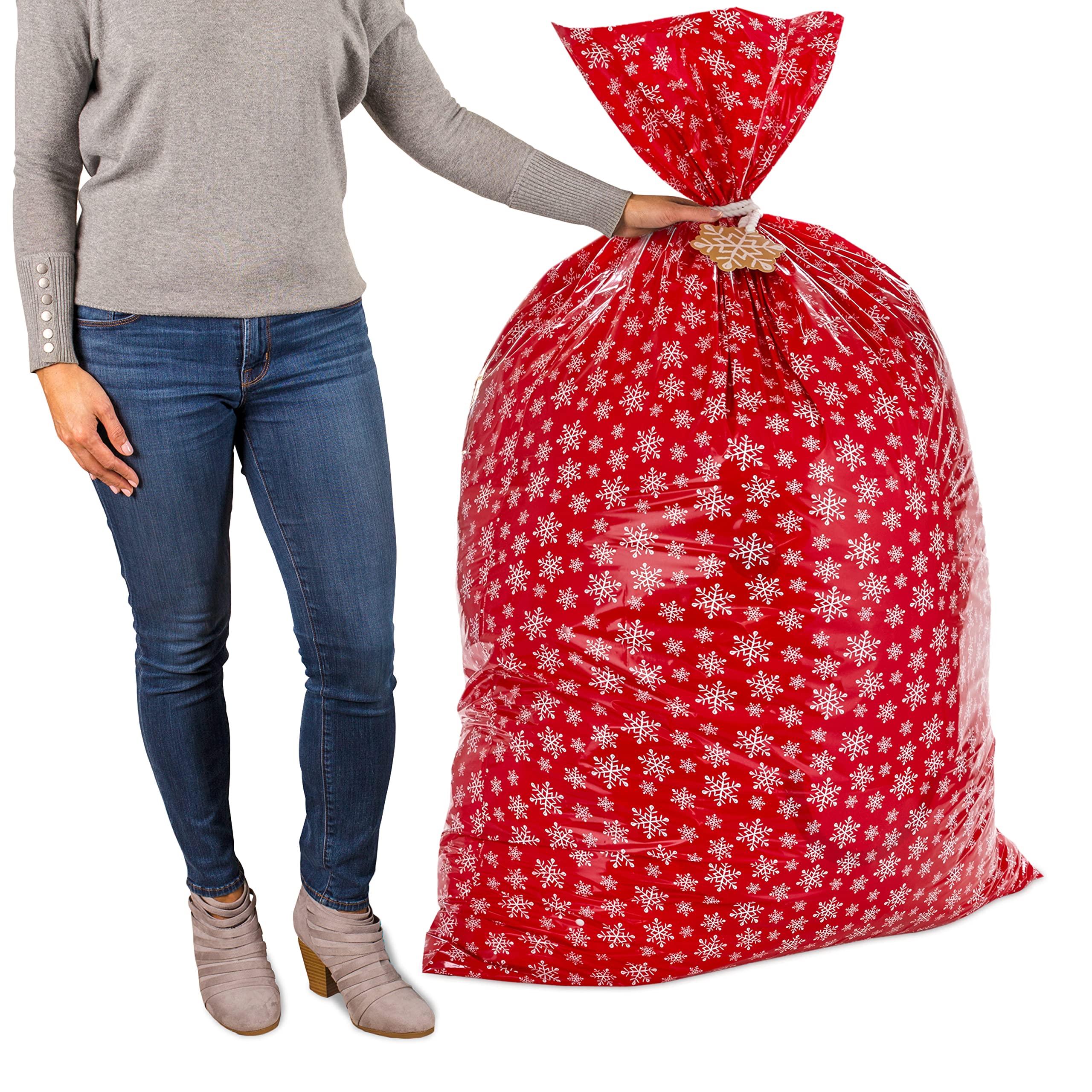 Hallmark Jumbo Plastic Holiday XL Gift Bags (2 Extra Large Bags: Snowflakes on Red, Rustic Snowmen) for Carry-on Luggage, Giant Stuffed Animals, Bedding Sets - Perfect for Christmas Gifts, Travel Storage & Home Organization