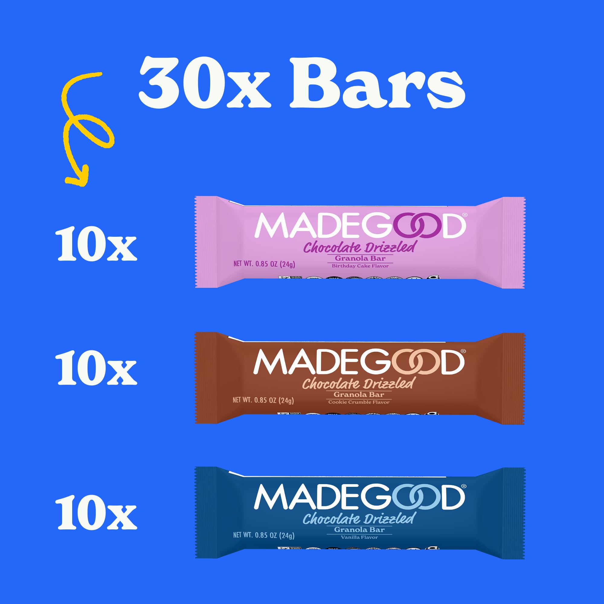 MadeGood Organic Gluten Free Granola Bars Variety Pack with Chocolate Drizzle - 30 Count (0.85 Oz Each) | Healthy School Lunch Snacks, On-the-Go Breakfast & Office Energy Boost