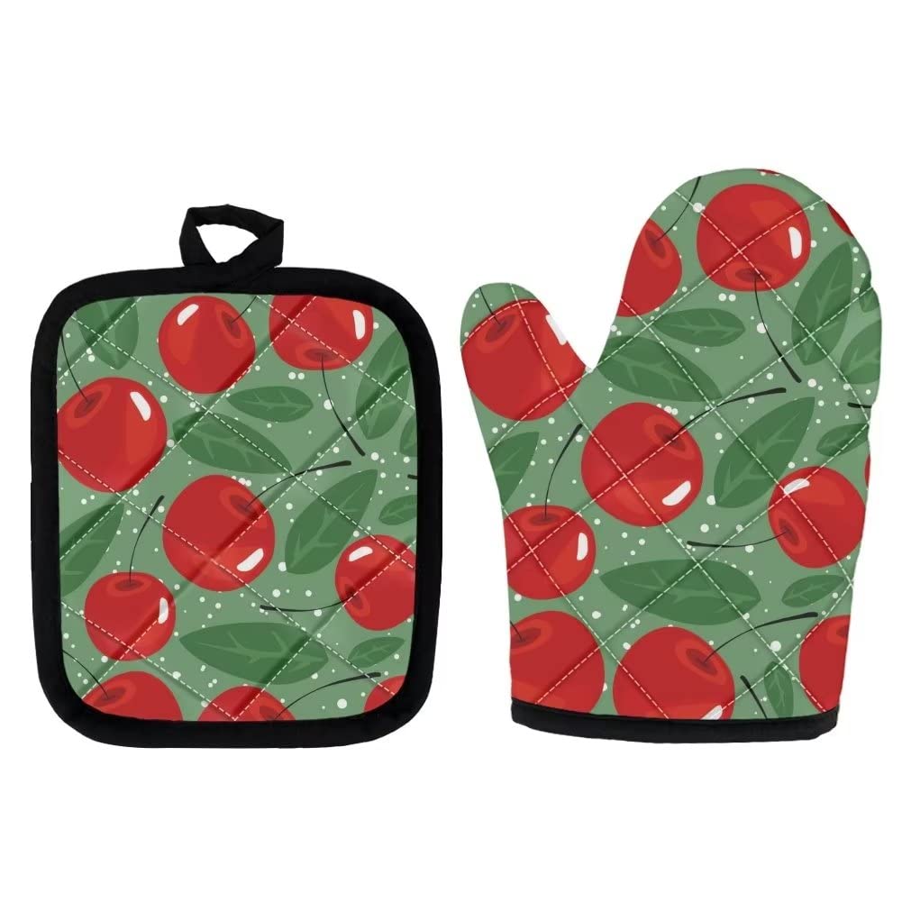 Premium Cherry Oven Mitt Set - Heat Resistant Kitchen Gloves & Potholders for Baking, BBQ, Grilling - Ideal for Home Cooking, Camping & Outdoor Picnics