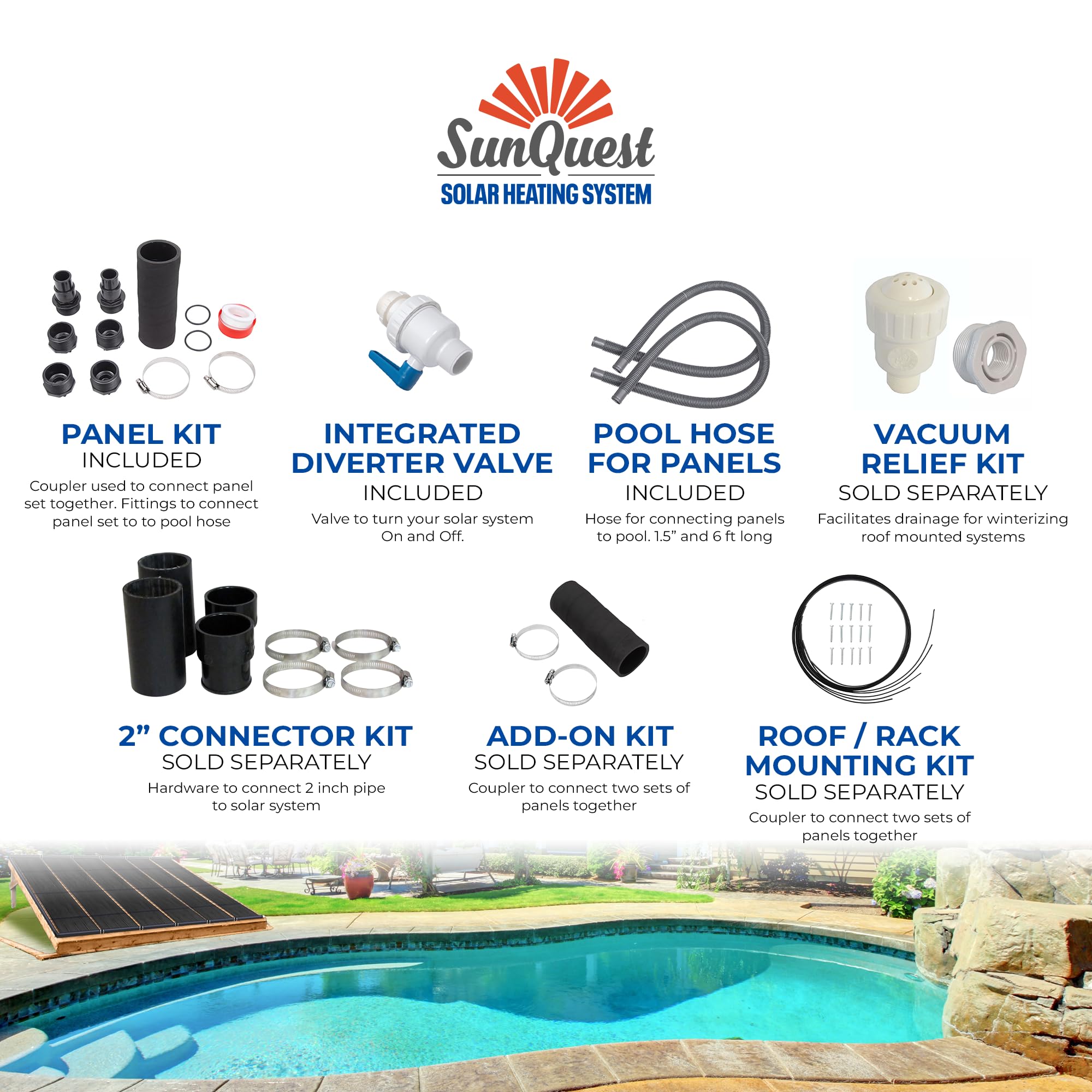 SunQuest Solar Pool Heater for Above Ground Pools - 80 sq. Ft MAX-Flow Solar Panels with Bypass Valve & Hose Adapters - Energy Efficient Swimming Pool Heating System - Perfect for Backyard, Family Gatherings & Summer Fun