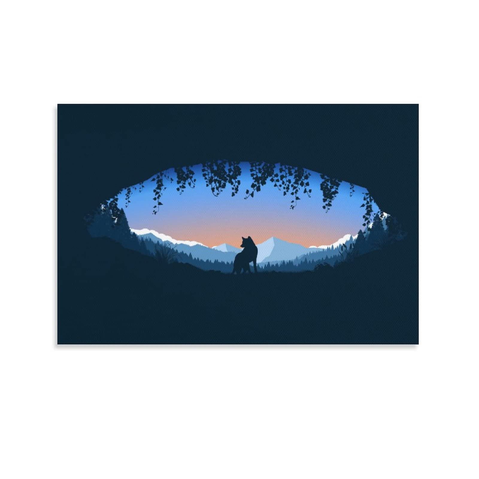 Ruowang Snow Mountain Wolf in The Cave - Minimalist Landscape Canvas Wall Art Poster (20x30cm/8x12in) - Flowers & Plants Outline Decor for Living Room, Bedroom & Office