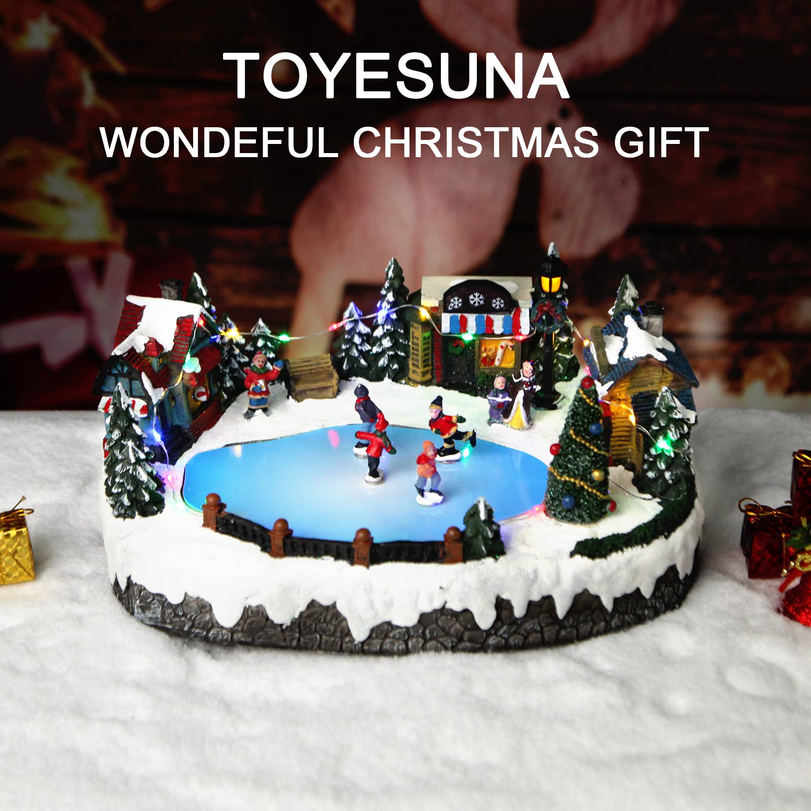 Christmas Village Snow Globe with Spinning Train & 8 Musical Tunes - Collectible Holiday Decoration for Home, Kids Room, Office Desk | Perfect Christmas Gift for Boys & Girls (Skating Scene)