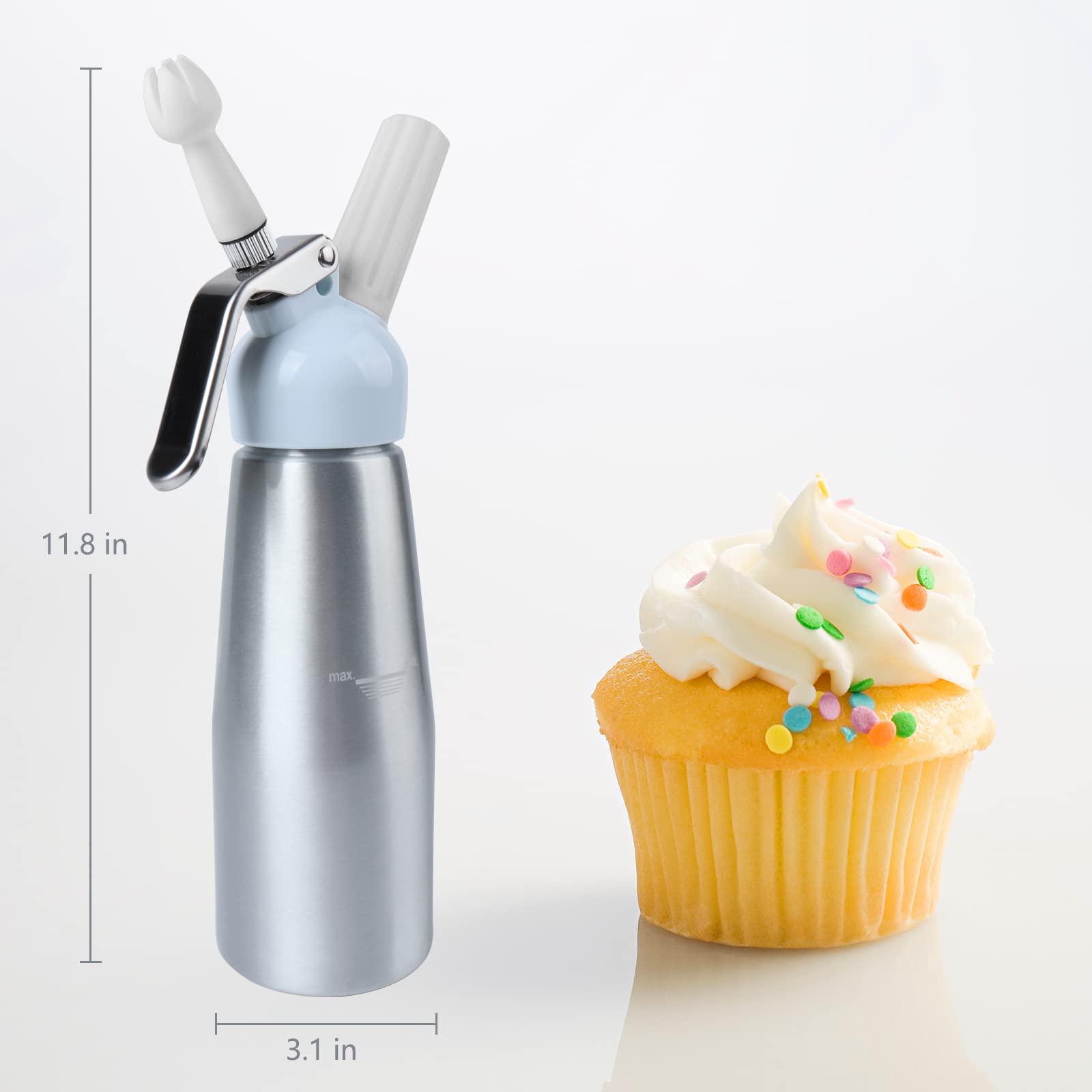 Premium Aluminum Whipped Cream Dispenser - 500ml (1 Pint) Professional Cream Charger with 3 Decorating Nozzles & Cleaning Brush - Ideal for Home Baking, Coffee Shops & Dessert Decorating