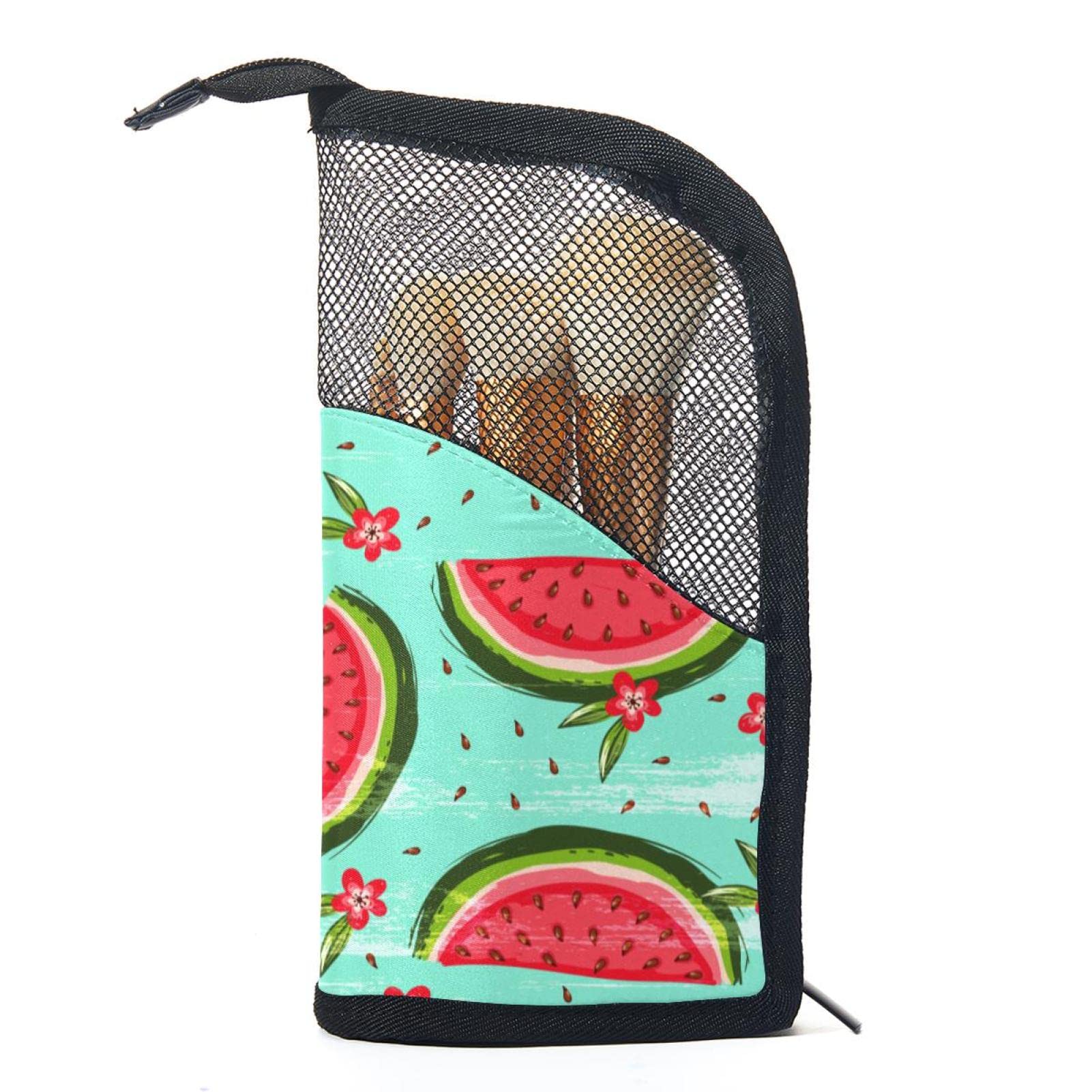 12-Piece Makeup Brush Organizer Bag with Daisy Watermelon Green Design - Portable Cosmetic Brush Holder Case for Travel & Home Storage
