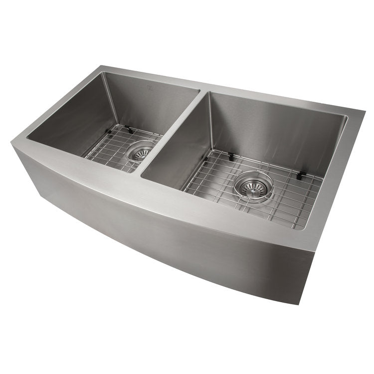 ZLINE Niseko 36-inch Farmhouse Apron Front Double Bowl Stainless Steel Kitchen Sink with Bottom Grid (SA50D 36) - Perfect for Modern Farmhouse Kitchens & Heavy-Duty Food Prep
