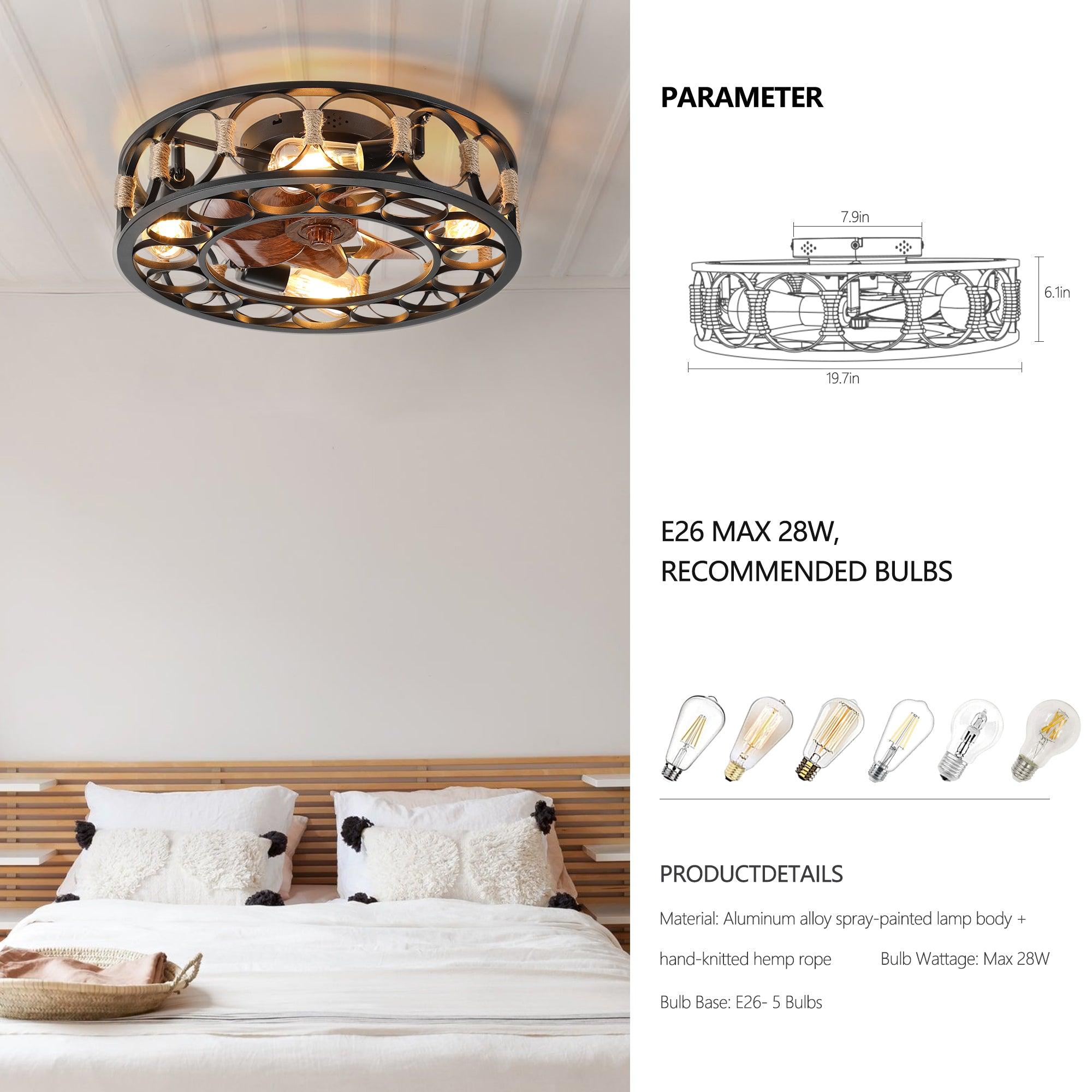 Modern Low Profile Flush Mount Ceiling Fan with Lights & Remote Control - 6 Speed Reversible Blades, Includes 5 LED Bulbs - Farmhouse Style for Bedroom, Living Room & Kitchen (Black)