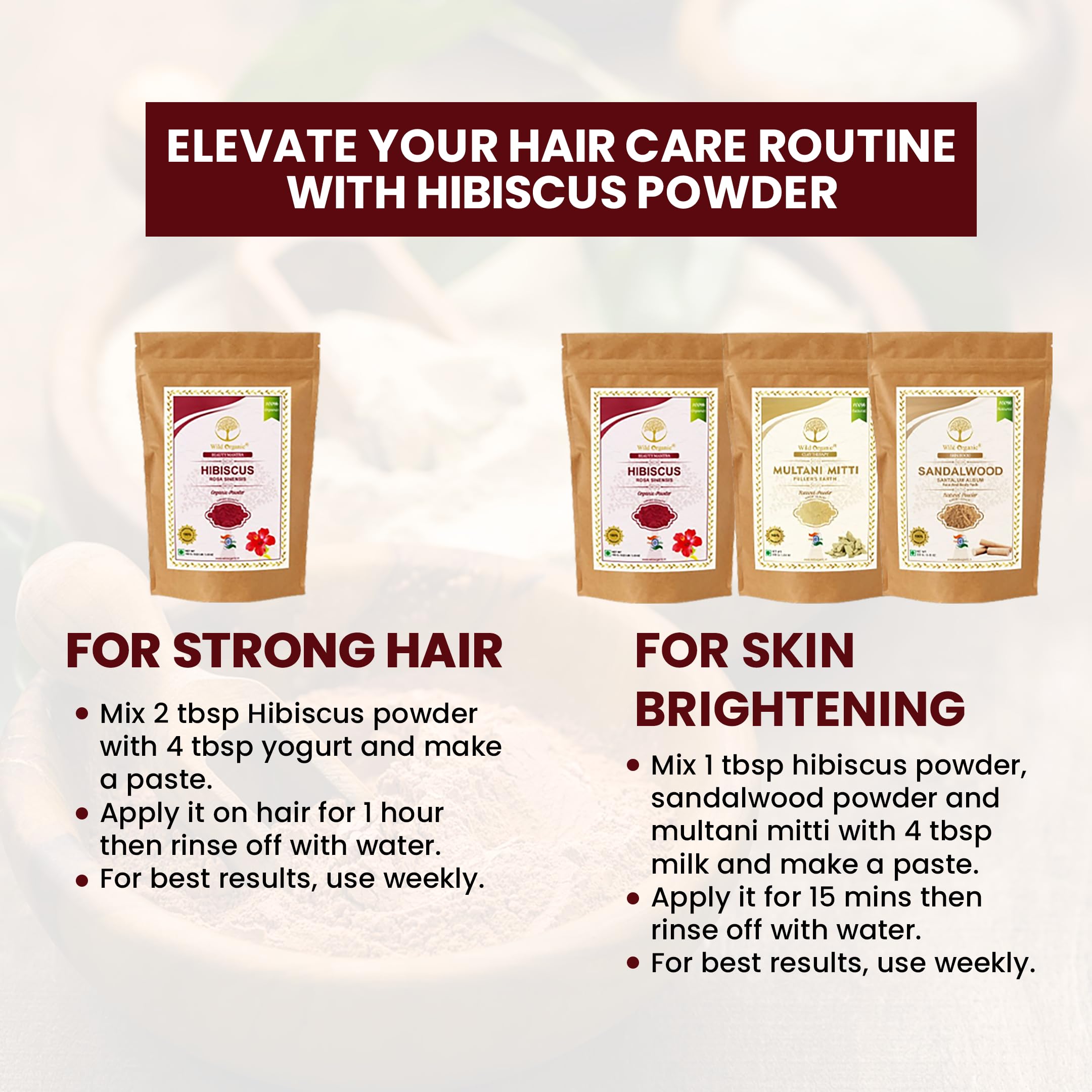 WILD ORGANIC 100% Natural Hibiscus Flower Powder (Rosa Sinensis) - 100g for Face Mask & Hair Growth Treatment | DIY Beauty Care, Skin Brightening & Scalp Nourishment