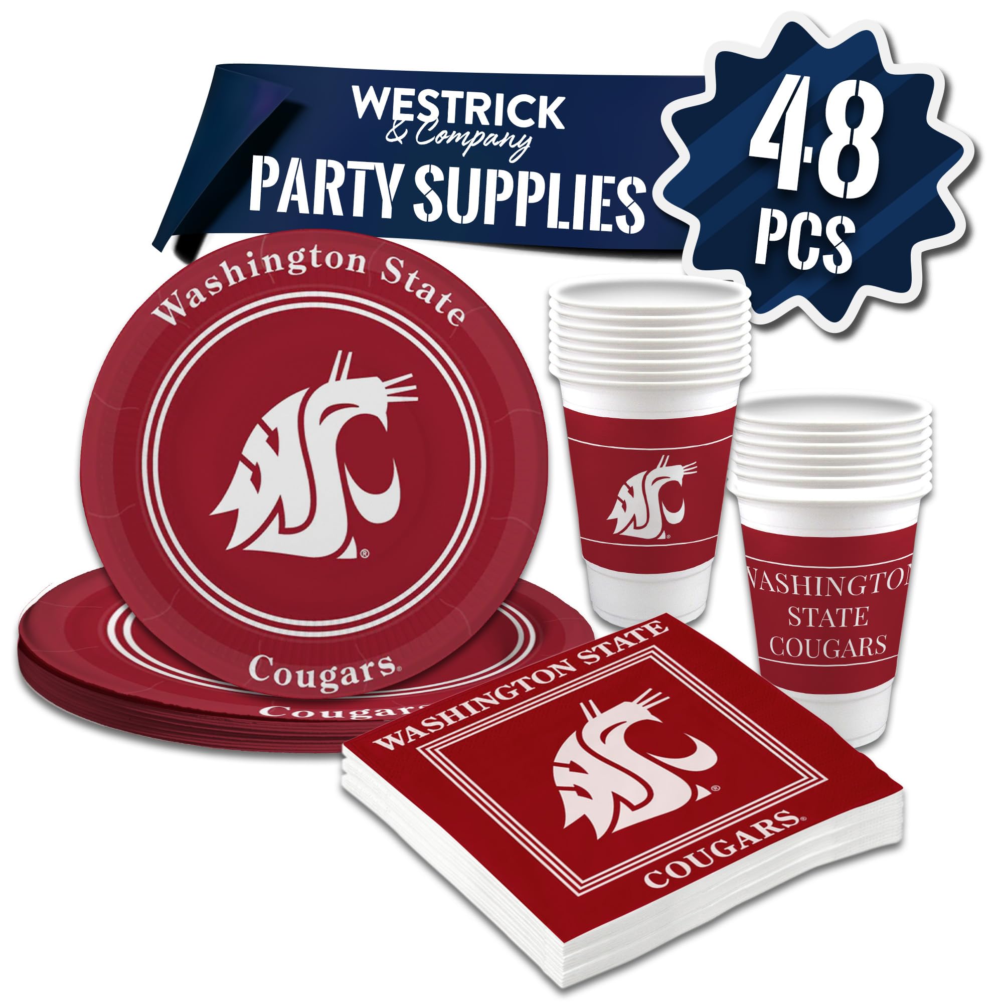 Washington State Cougars Officially Licensed Party Supplies Set - 48 Pieces (16 oz. Plastic Cups, 9