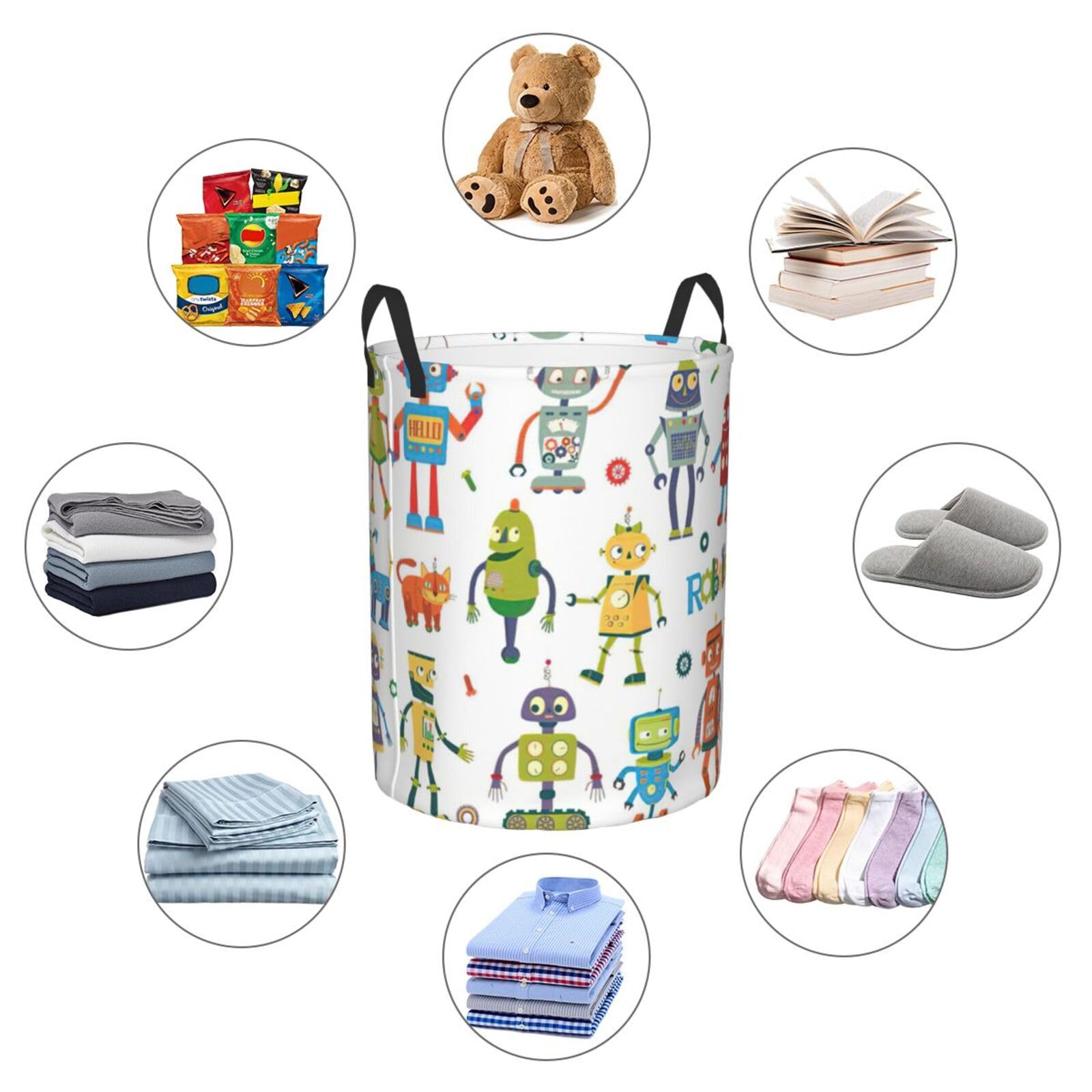 Cartoon Robots Print Round Laundry Basket - Stylish Storage for Clothes, Books & Toys | Perfect for Kids Room, Nursery & Playroom Organization