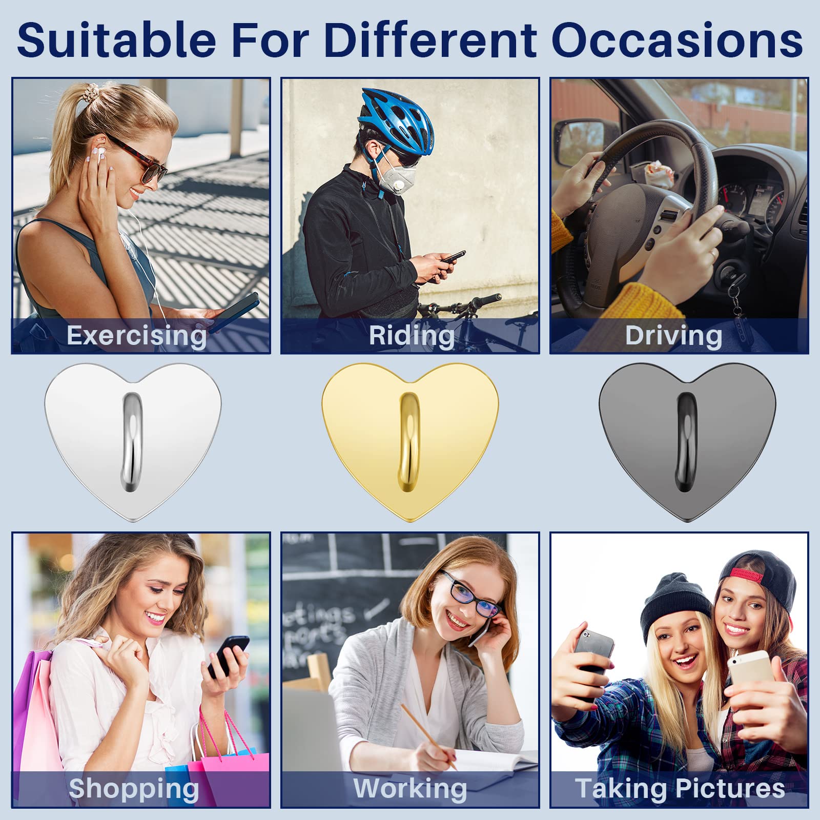 6-Pack Heart Shaped Phone Ring Holder - Universal Adhesive Metal Finger Grip Stand for iPhone, Samsung & Smartphones (Sticky Phone Charm Accessories) - Perfect for Hands-Free Viewing, Selfies & Secure Grip