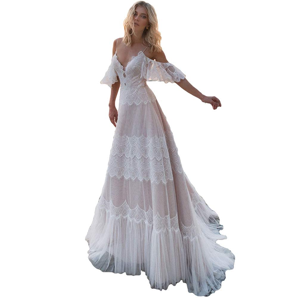 Elegant V-Neck Lace Wedding Dress with Ruffle Sleeves - Boho Chic Beach Wedding Gown for Women | Perfect for Outdoor Ceremonies, Garden Weddings & Destination Elopements