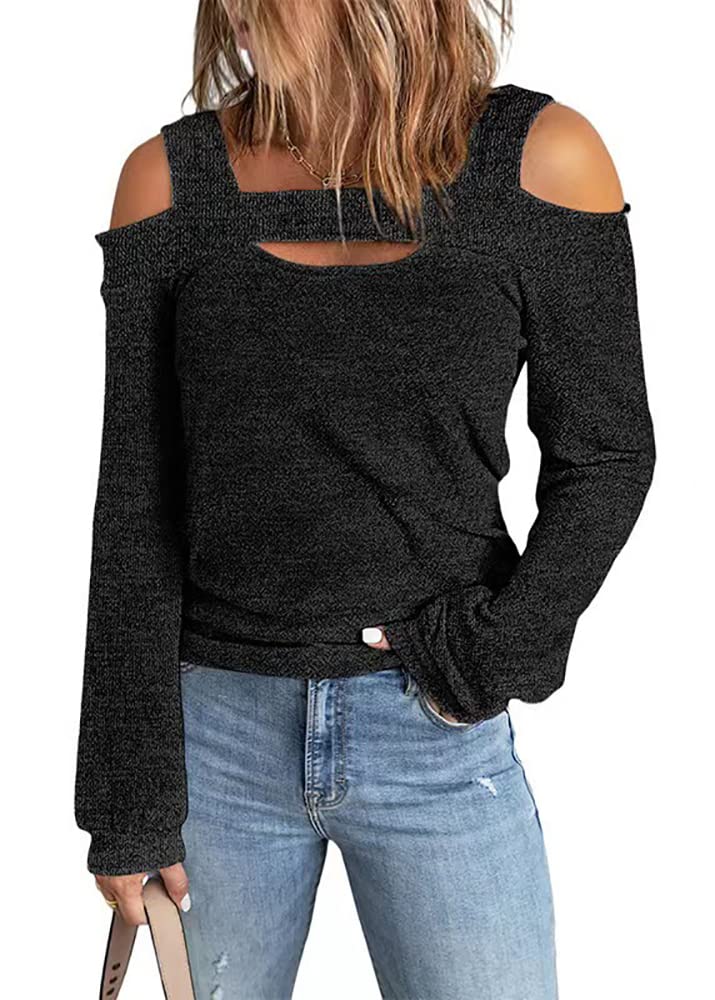 Chvity Women's Long Sleeve Cold Shoulder Tops - Fall Casual Hollow Out Tunic Blouse - Solid Color Loose Fit Shirt for Work, Date Night & Autumn Outfits