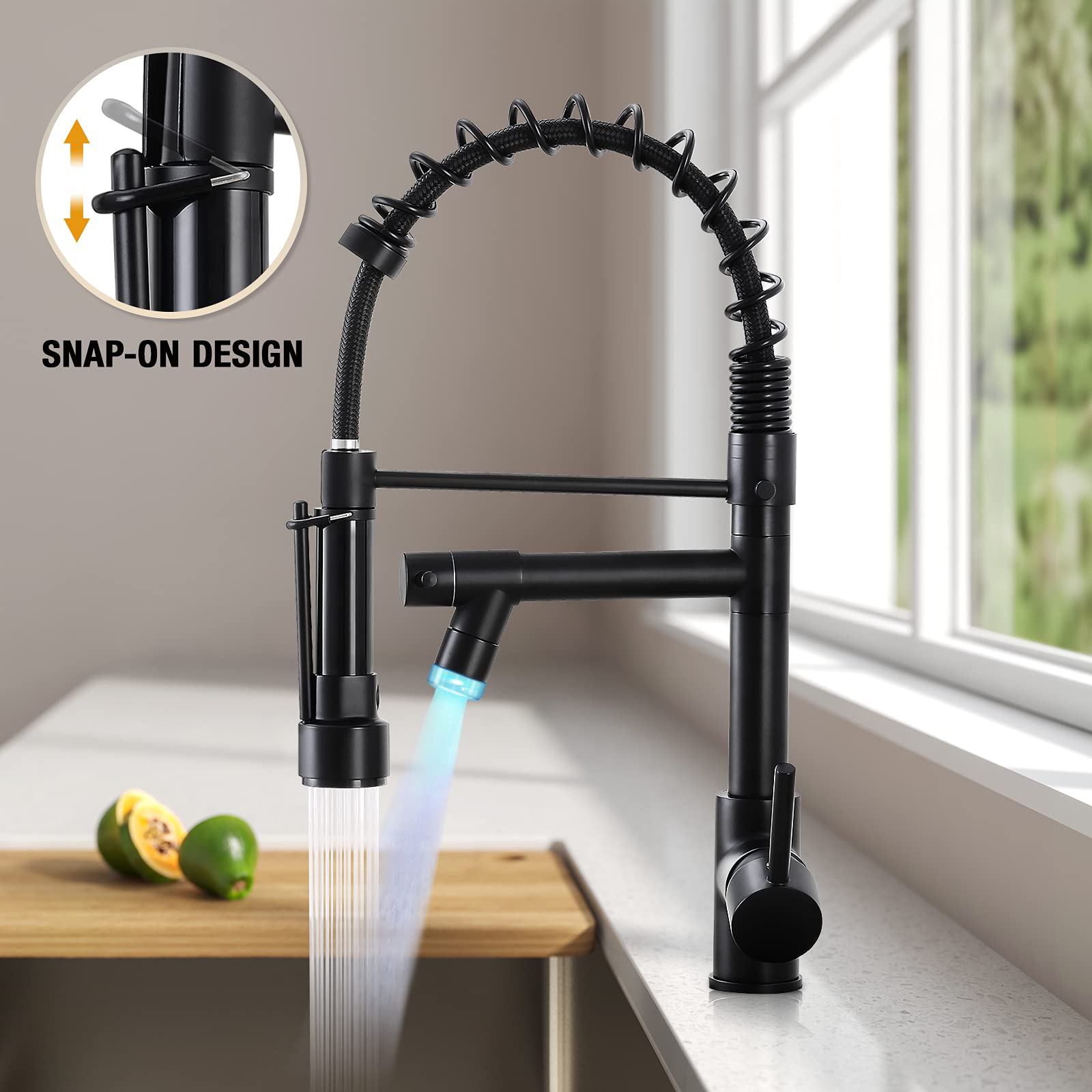 Qomolangma Matte Black Commercial Kitchen Sink Faucet with Pull Down Sprayer and LED Light - Modern Single Handle Design for Restaurants, Home Kitchens & Food Prep Stations