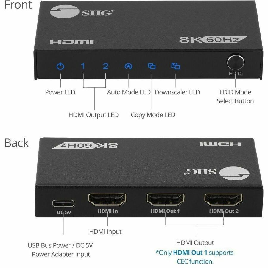 8K HDMI Splitter 1x2 - 8K@60Hz, 40Gbps, VRR, ALLM, EDID Management, Down Scaler - Perfect for Home Theater & Gaming Setup