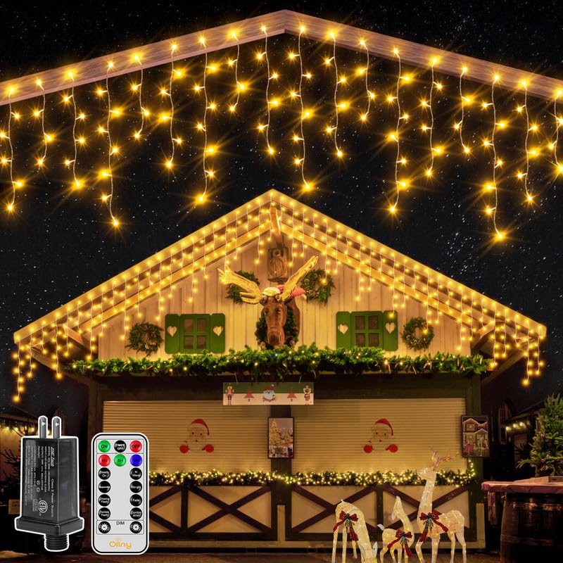 396LED 32FT Outdoor Christmas Icicle Lights - Warm White Waterproof Hanging Lights with Remote & 8 Lighting Modes - Connectable Plug-in Holiday Decor for Roof, House, Garden, and Indoor Use - Perfect for Christmas, New Year, and Winter Festival Decorations