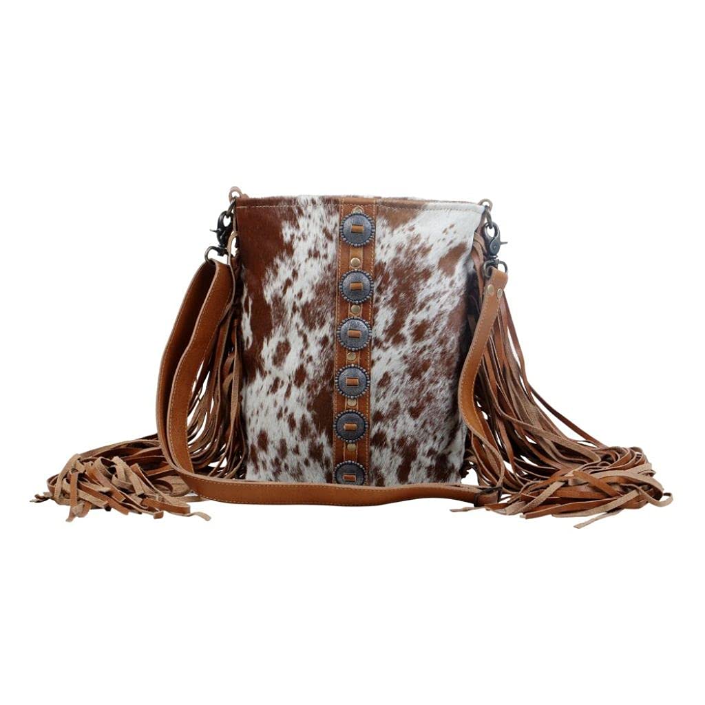 Myra Bag Women's Flouncy Cowhide Handbag - Upcycled Leather & Cowhide Purse S-2850 | Stylish & Eco-Friendly for Work, Travel & Everyday Use