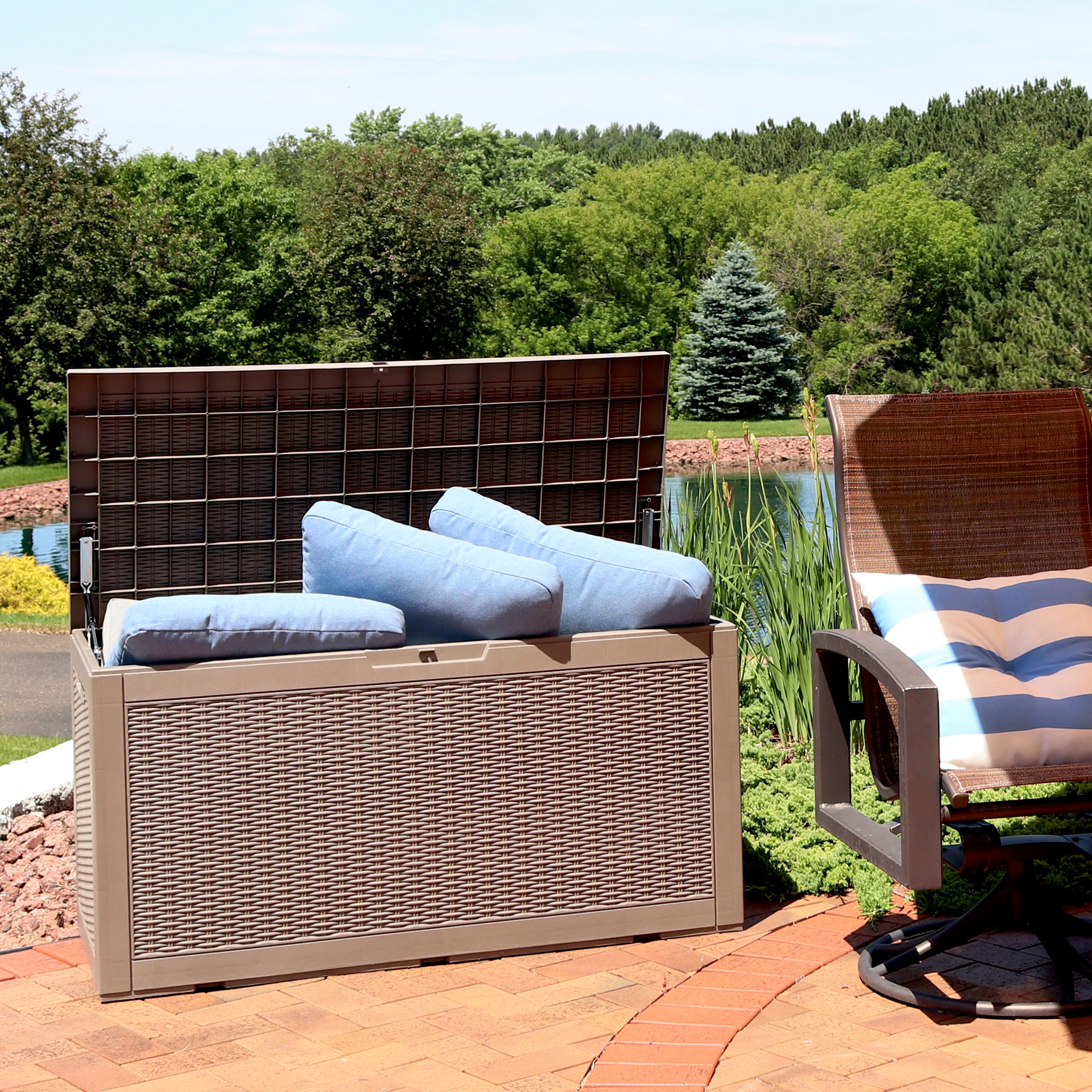 Lockable 100 Gallon Outdoor Deck Storage Box - Waterproof Faux Rattan Design by Sunnydaze - Perfect for Patio, Garden & Poolside Storage