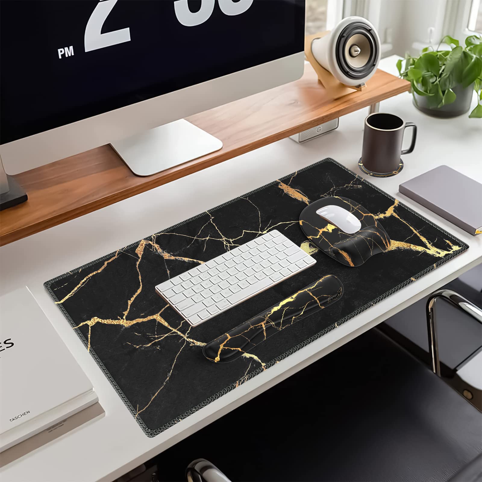 Ergonomic Mouse Pad with Wrist Rest - Black Gold Marble Desk Mat Set for Keyboard & Mouse - Office & Gaming Accessories for Comfort & Productivity - Perfect for Workstations, Home Offices & PC Setups