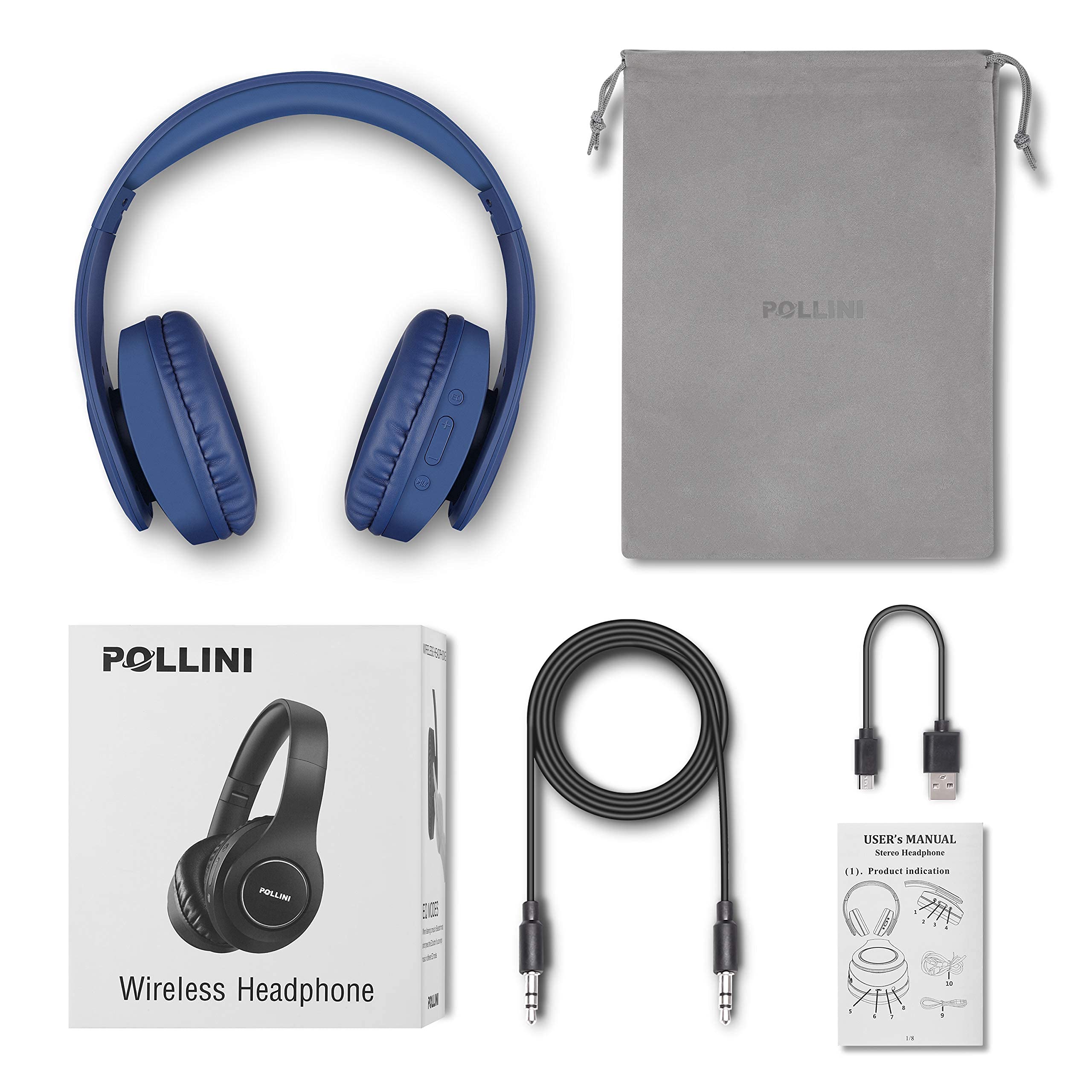 Pollini 40H Wireless Bluetooth Headphones - 40H Playtime, Foldable Over-Ear Headset with Mic, Deep Bass & Memory-Protein Earmuffs for Phone/PC - Perfect for Workouts, Commuting & Gaming (Dark Blue)