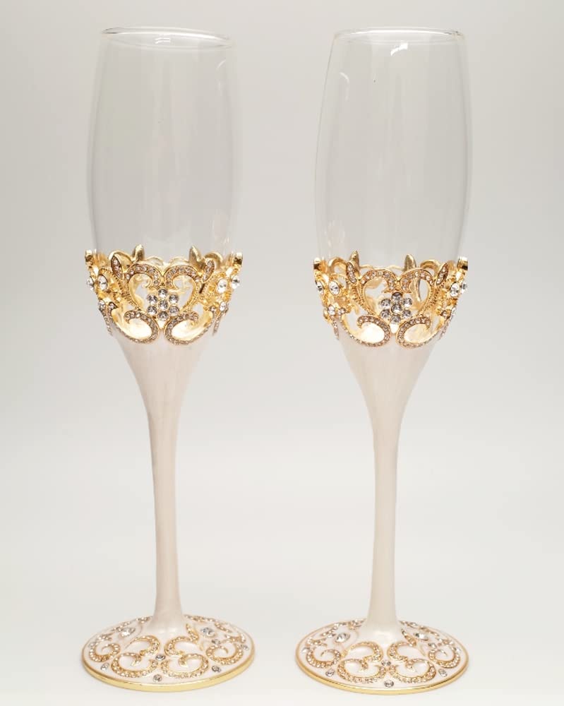 Lassos Boutique 4-Piece Wedding Set - Gold Champagne Flutes, Cake Knife & Pie Server for Bridal Showers, Receptions & Anniversary Celebrations