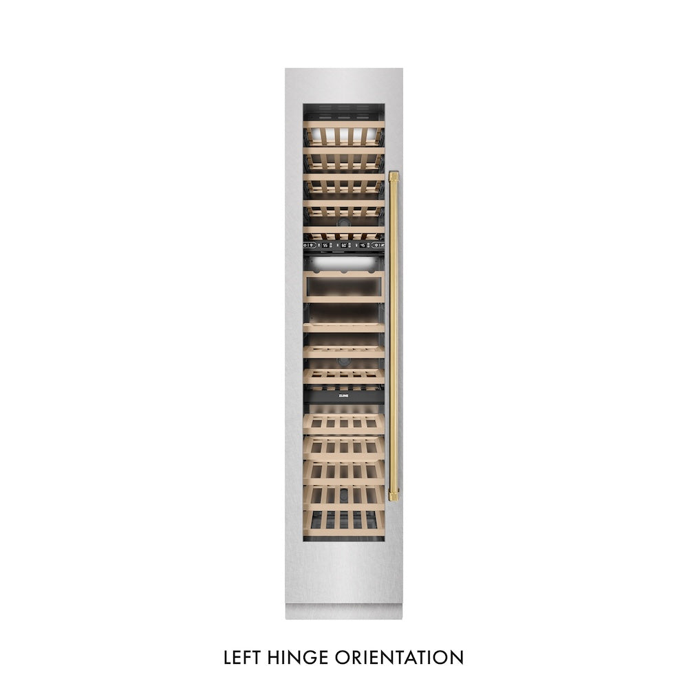 ZLINE RCWVLZ SN 18 G 18-Inch 9.0 cu ft Triple Zone 68-Bottle Left Hinge Wine Cooler - Satin Stainless Steel with Polished Gold Accents - Perfect for Home Bars, Wine Cellars & Entertaining Spaces