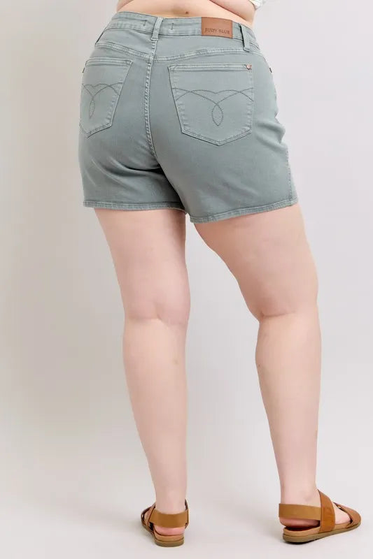 Judy Blue Women's Plus Size Garment Dyed Shorts with Back Pocket Embroidery - Comfortable Casual Wear for Summer Outings & Beach Vacations