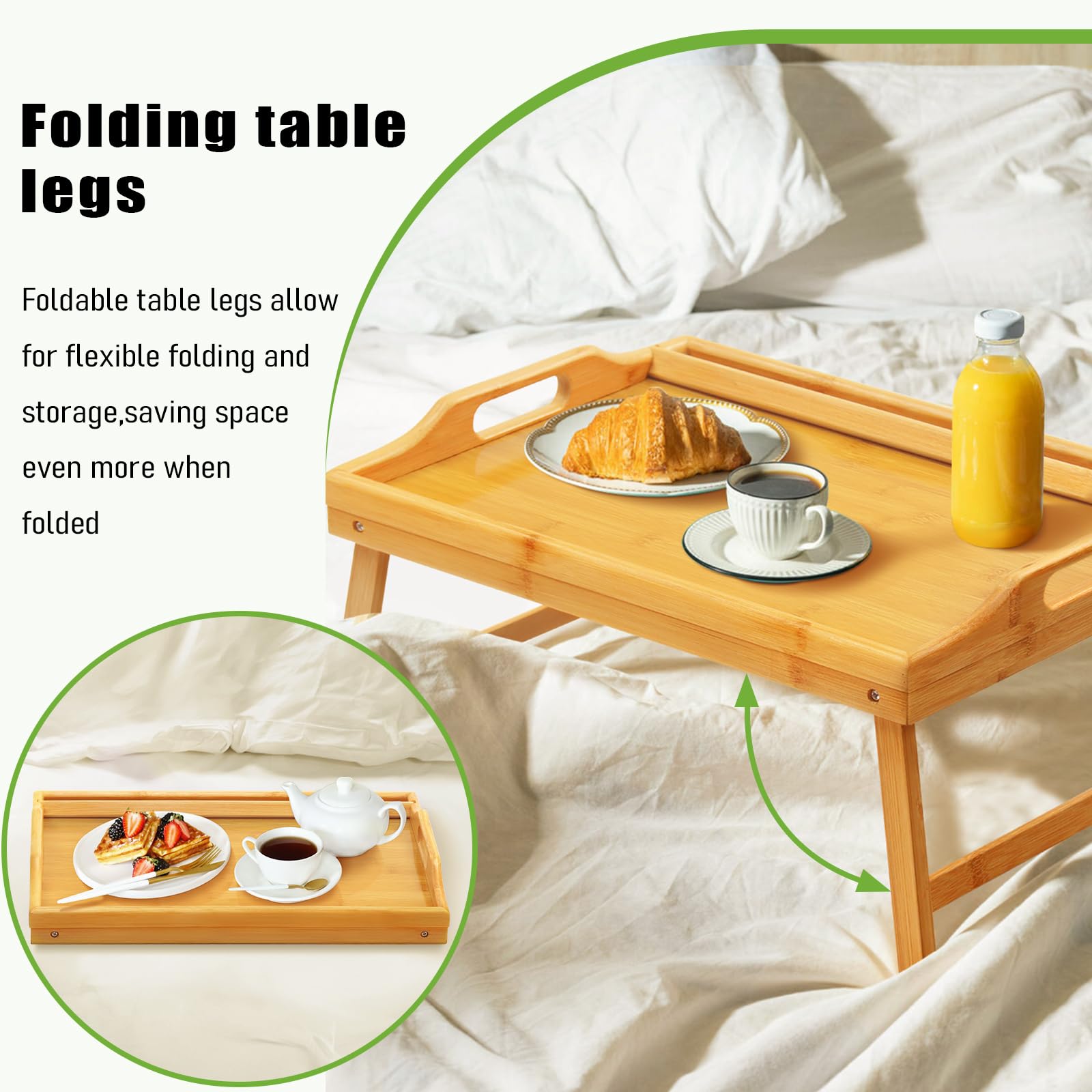 **Foldable Bamboo Bed Tray with Handles & Phone Holder - Portable Breakfast, Laptop, Serving Tray for Bed, Sofa, or Office Use**