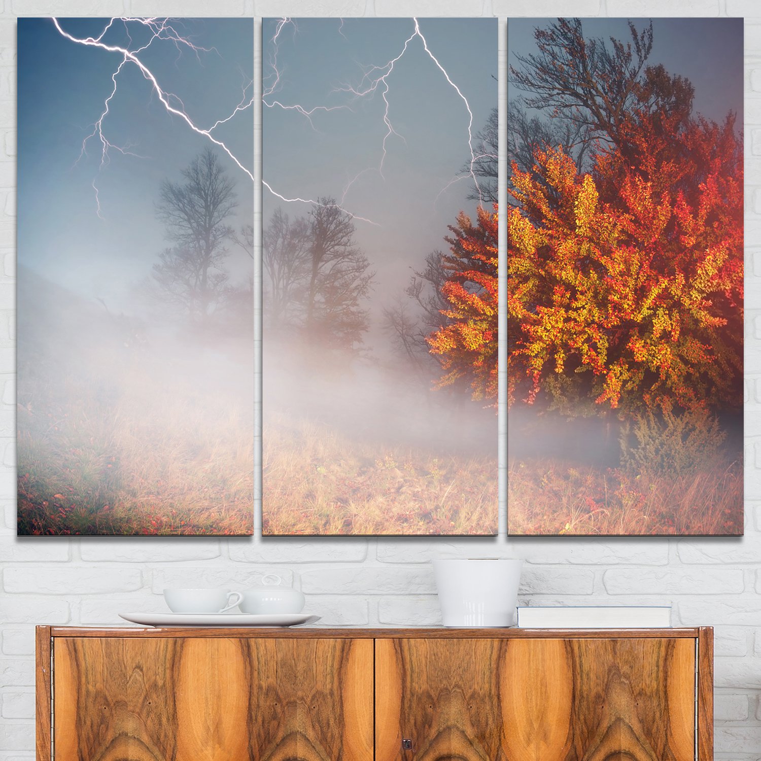 Designart Storm and Lightning in Autumn Forest - Landscape Photo Canvas Art Print - 36x28 Inches - 3 Panel Wall Art for Living Room, Bedroom & Office Decor