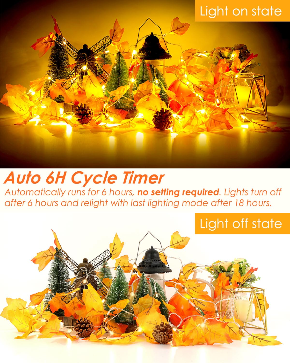 Luditek 40LED Maple Leaf Garland Lights - 8 Lighting Modes with Timer, Battery Operated Waterproof String Lights for Thanksgiving, Halloween & Fall Decor | Indoor/Outdoor Autumn Decorations for Home, Garden, and Party