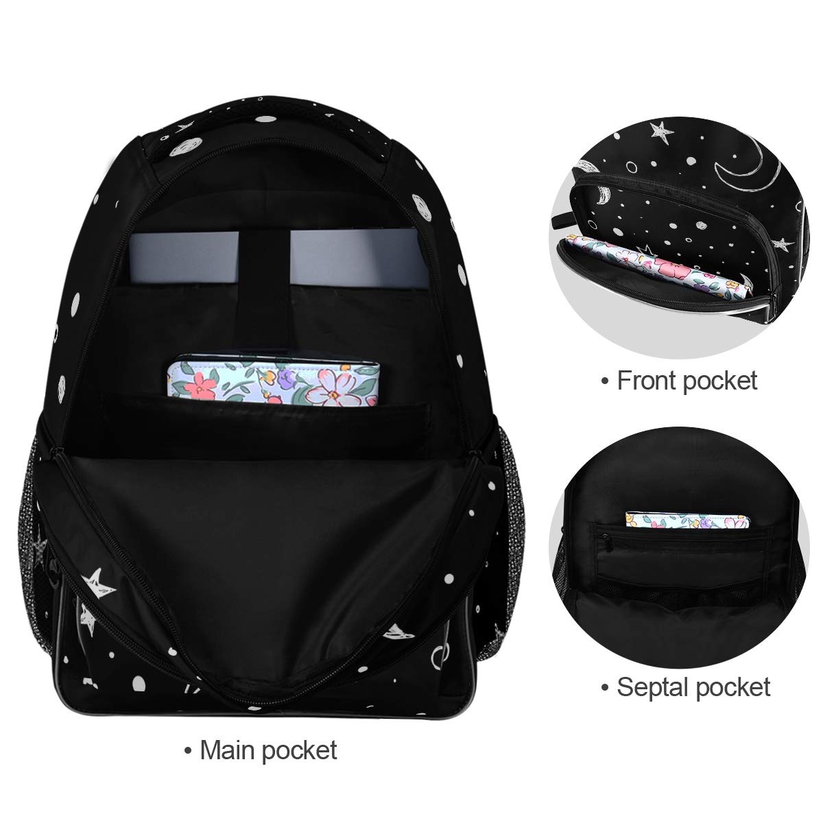 ALAZA Doodle Night Sky Moon Stars Backpack - Cute School Bag for Teens & Kids, Lightweight Daypack for Elementary Students, Durable Book Bag for Travel & Daily Use - Perfect for School, College, Hiking & Outdoor Activities