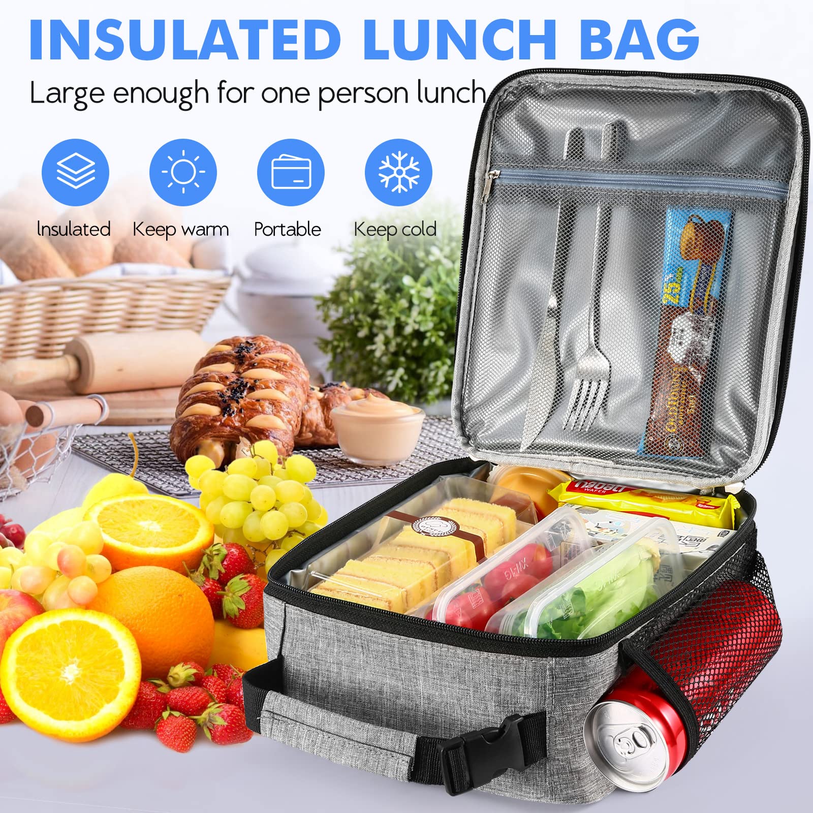 Insulated Lunch Box for Adults - Durable Reusable Small Lunch Bag for Men & Women, Light Gray Tote Bag - Perfect for Office, School, Picnics & Travel