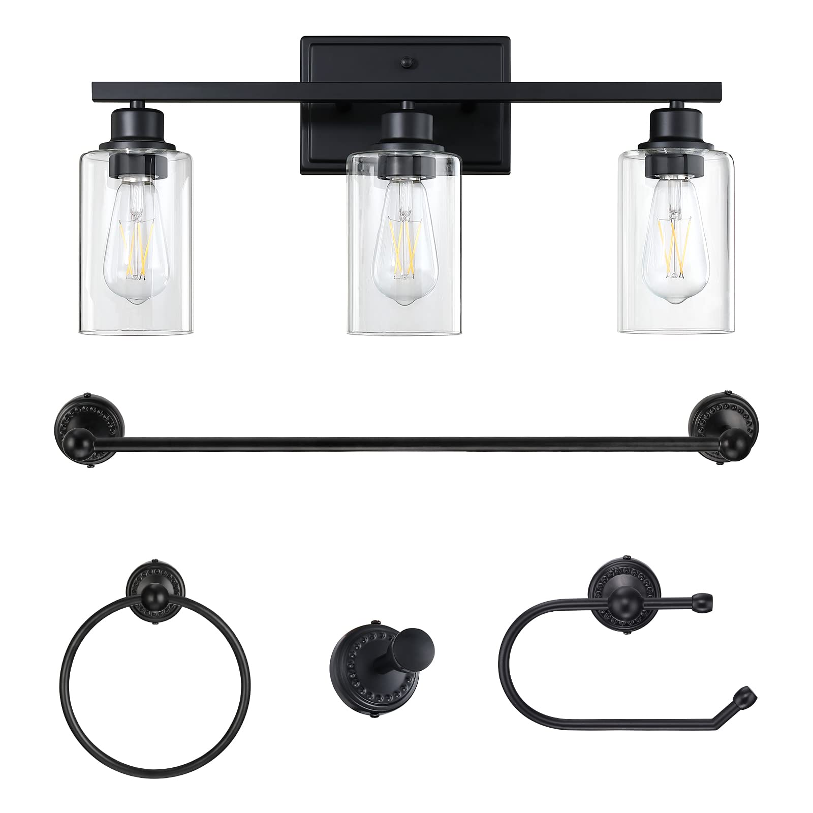 **Doraimi Industrial Modern 3-Light Wall Sconce - Clear Glass Black Finish Bathroom Vanity Light Fixture for Living Room, Workshop, Bedroom & Hallway (Includes Towel Bar, Toilet Paper Holder, Towel Ring & Hooks) - Perfect for Home, Office & Commercial Spaces**