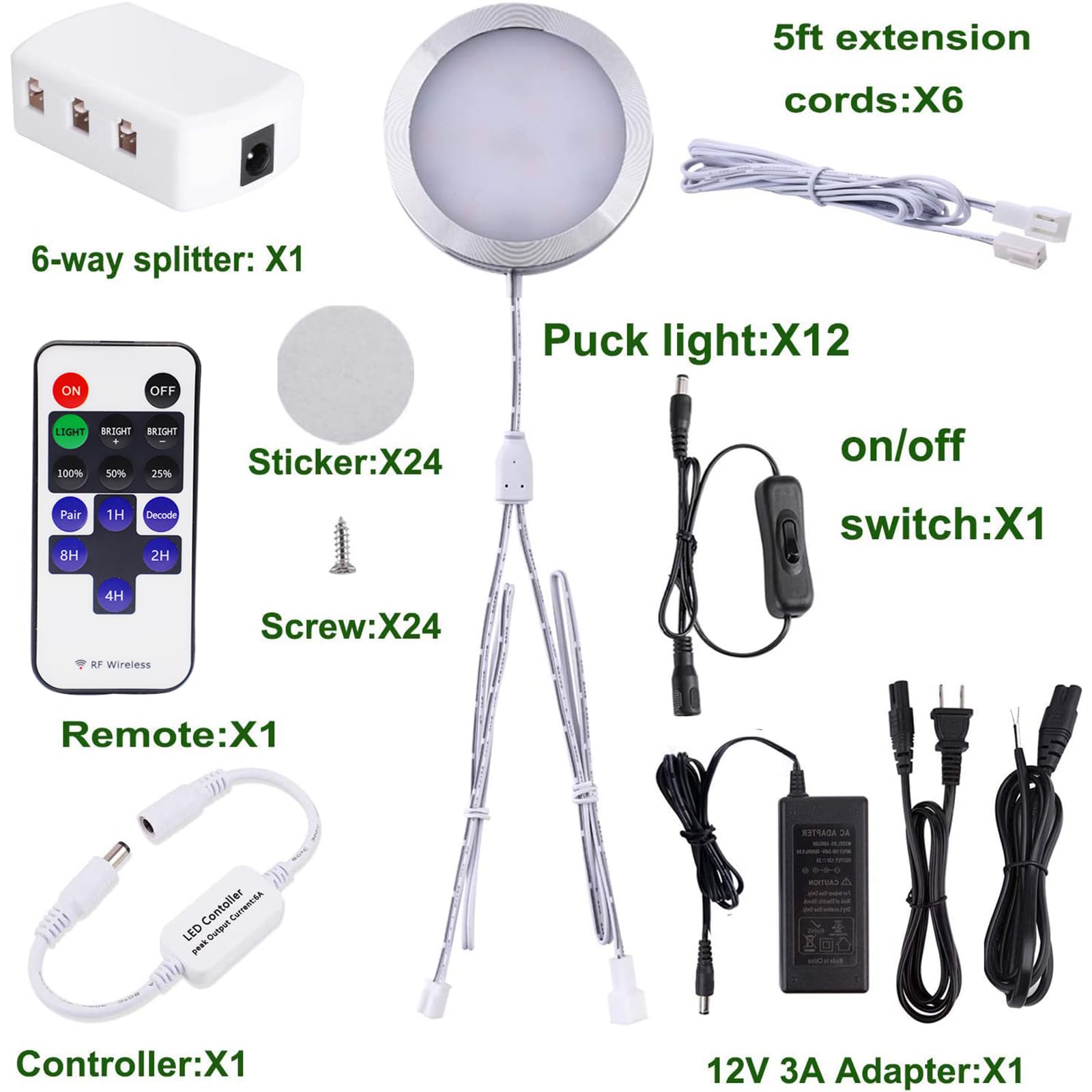 AIBOO Linkable Under Cabinet LED Lighting 12V Dimmable Puck Lights with Wireless RF Remote - Hardwired & Plug-in Kitchen Mood Lighting (Warm White, 12 Lights Kit) - Perfect for Countertop, Pantry & Display Shelf Illumination