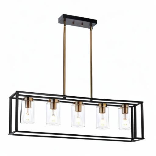 VINLUZ 5-Light Farmhouse Chandelier with Clear Glass Shade - Black & Brushed Brass Rectangular Pendant Light for Kitchen Island, Dining Room, and Industrial Ceiling Lighting | Perfect for Modern Farmhouse, Rustic, and Industrial Style Home Decor
