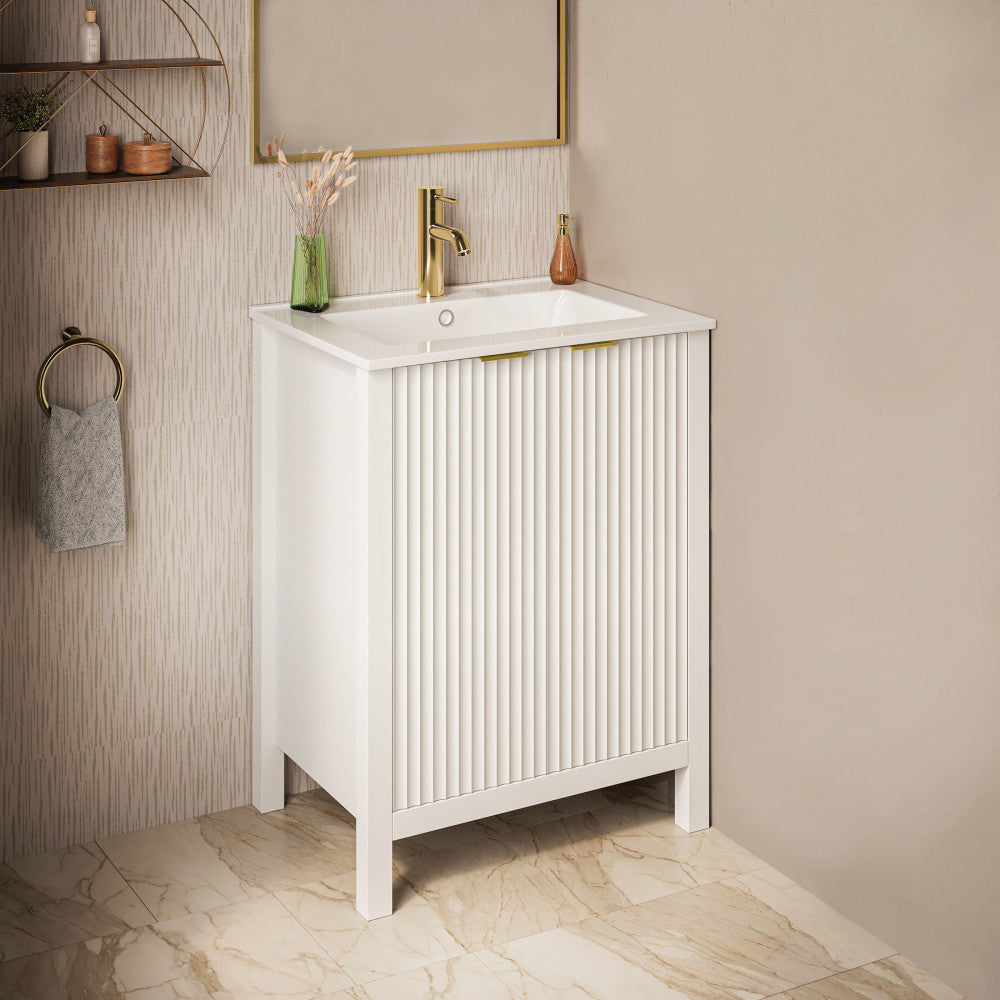 Bastille 24 Inch Freestanding Bathroom Vanity Set - White Modern Vanity with Ceramic Sink & Countertop - Perfect for Small Bathrooms & Powder Rooms