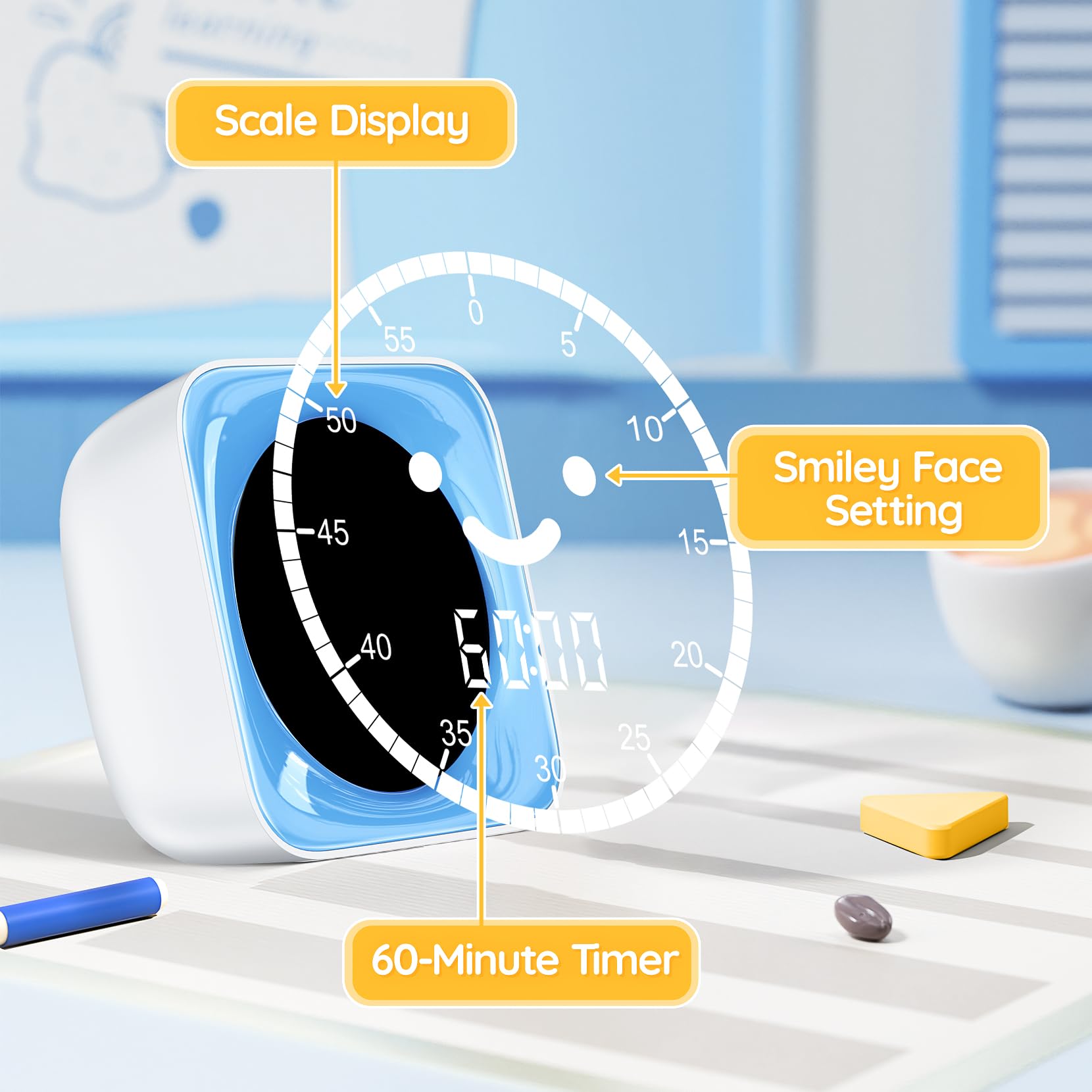 60-Minute Digital Visual Timer for Kids - Silent Countdown Clock for Classroom, Homework & Time Management - Blue & White Toddler Timer for Focus, Chores & Learning Activities