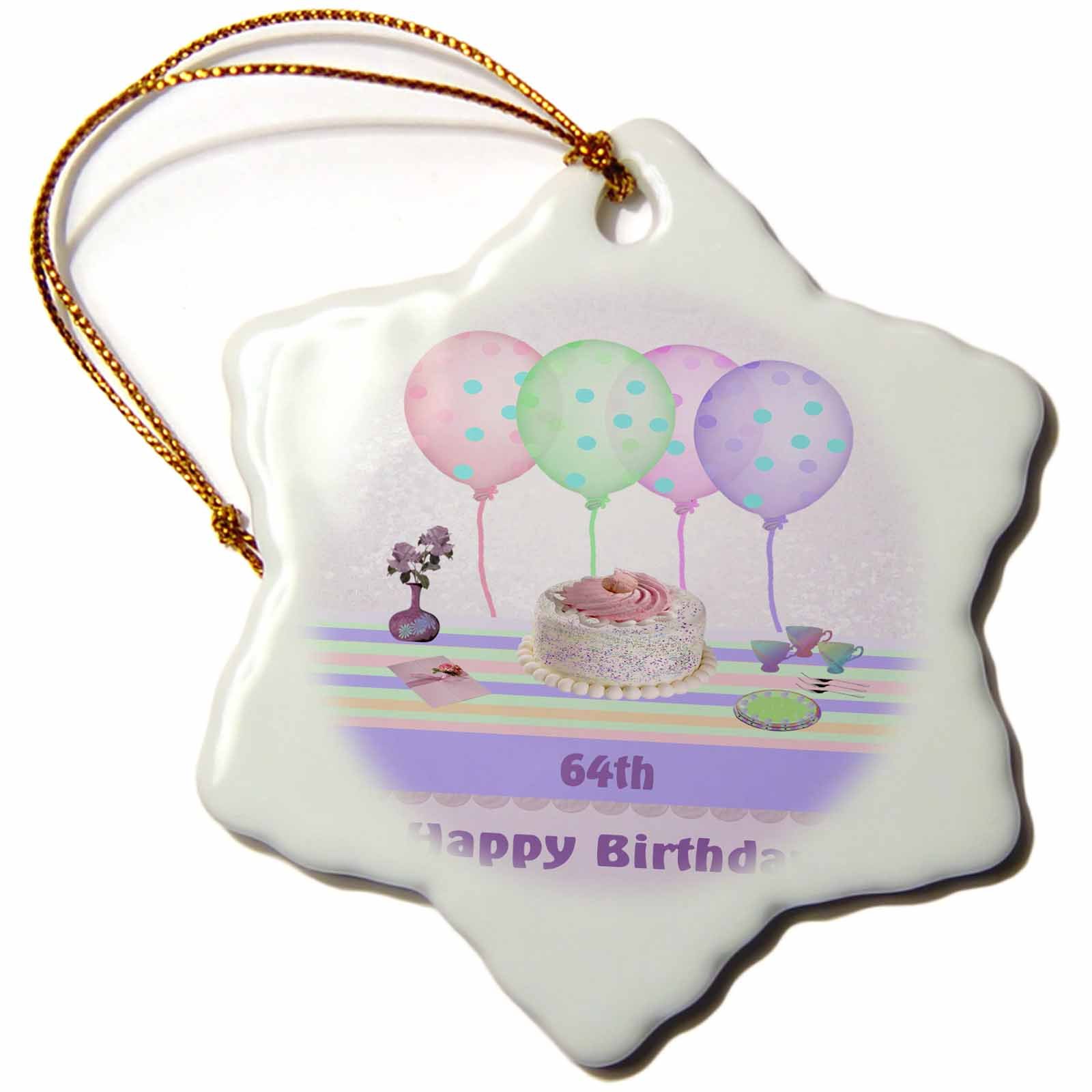 3D Rose 64th Birthday Cake Topper - White Icing with Balloons & Flower Vase, Pastel Snowflake Ornament, 3