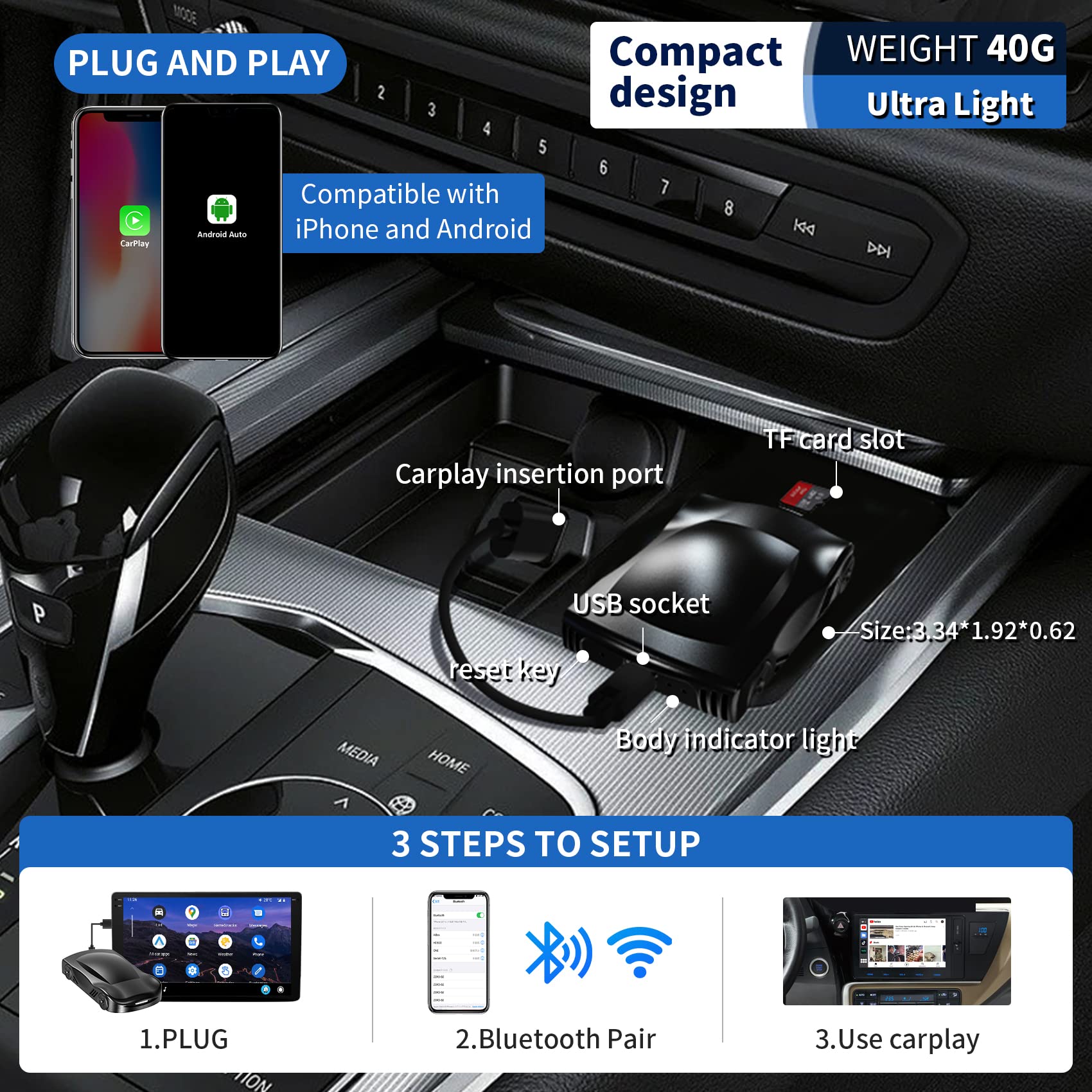 Wireless CarPlay AI Box Adapter for Android 11.0 - QCM2290 Quad-Core 64-bit ARM Cortex-A53 2.0GHz Processor, 2GB RAM + 16GB Storage - Wireless Android Auto & Apple CarPlay - Watch YouTube/Netflix in Car - Perfect for Long Road Trips & Commuting