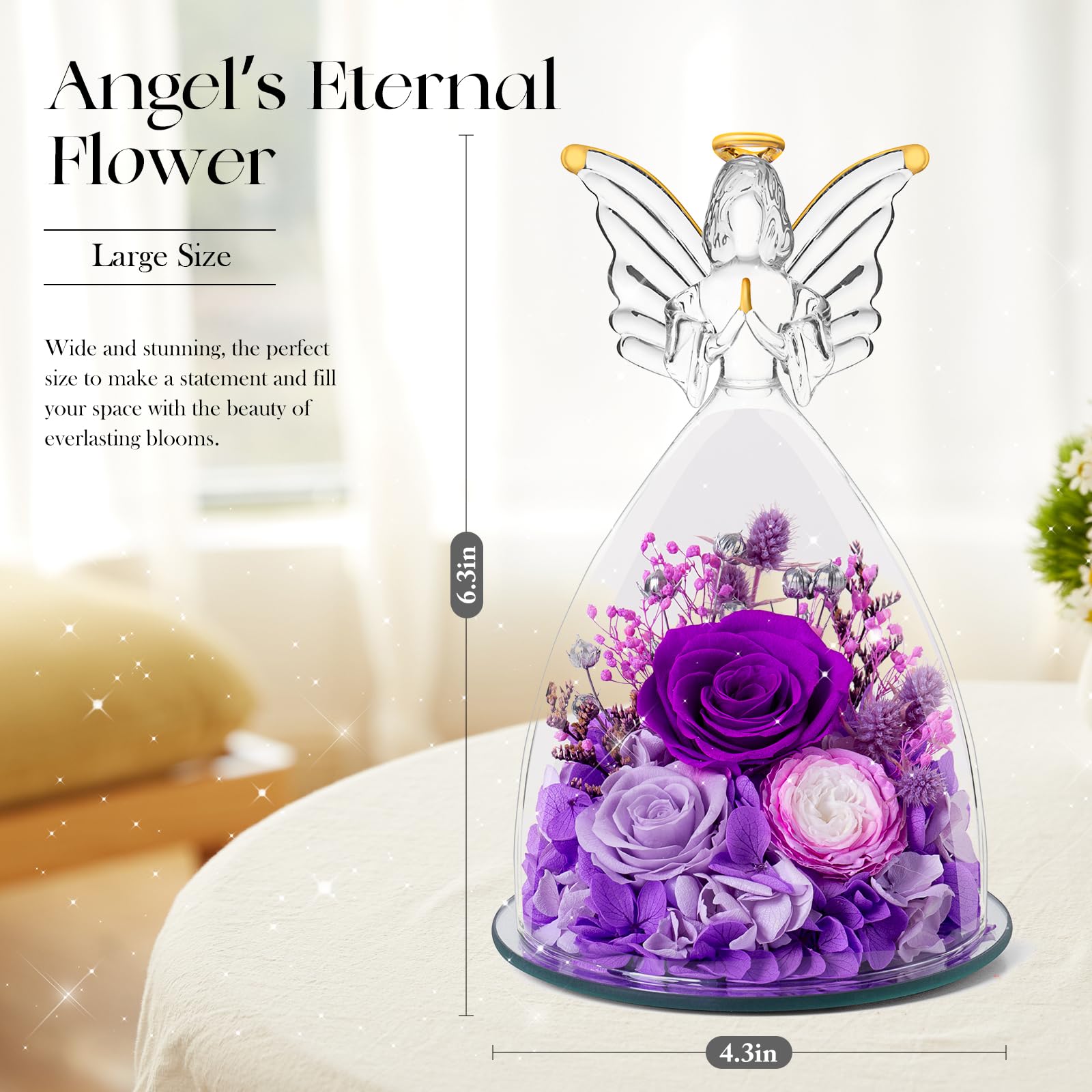 Angel Roses Preserved Real Flowers in Glass Figurine - Unique Mother's Day, Birthday Gift for Mom, Grandma, Wife & Mother-in-Law | Home Decor, Wedding Centerpiece, Romantic Keepsake