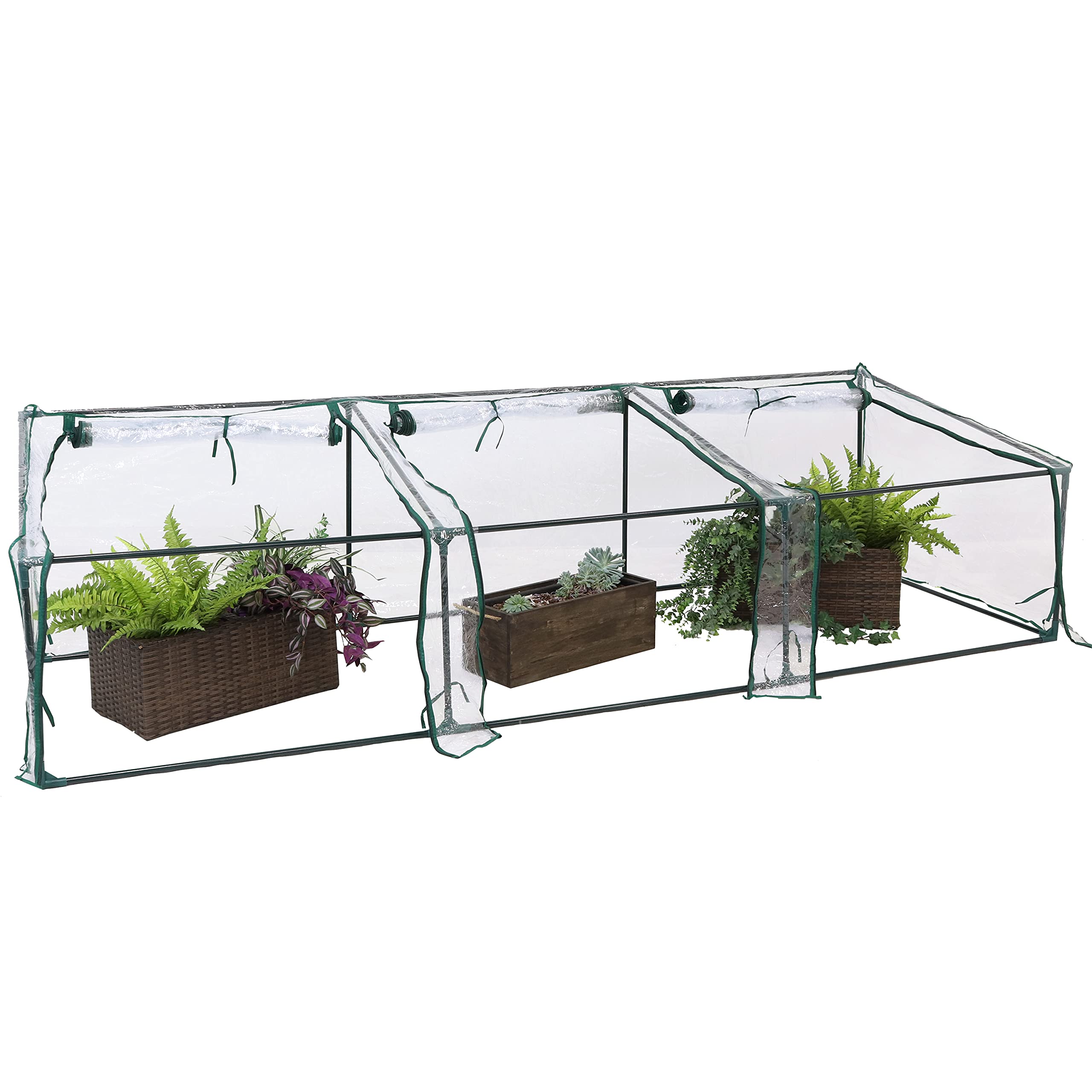 Sunnydaze Mini Cloche Greenhouse with Zipper Doors - Portable 3-Door Small Greenhouse with Slanted Roof & Sturdy Iron Frame - Clear PVC Cover for Outdoor Plant Protection - Perfect for Seed Starting, Herb Gardening & Winter Plant Shelter