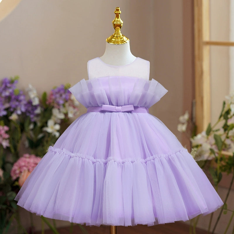 Lilac Princess Round Tea Length Tulle Flower Girl Dress for Weddings, Bridal Party & Special Occasions
