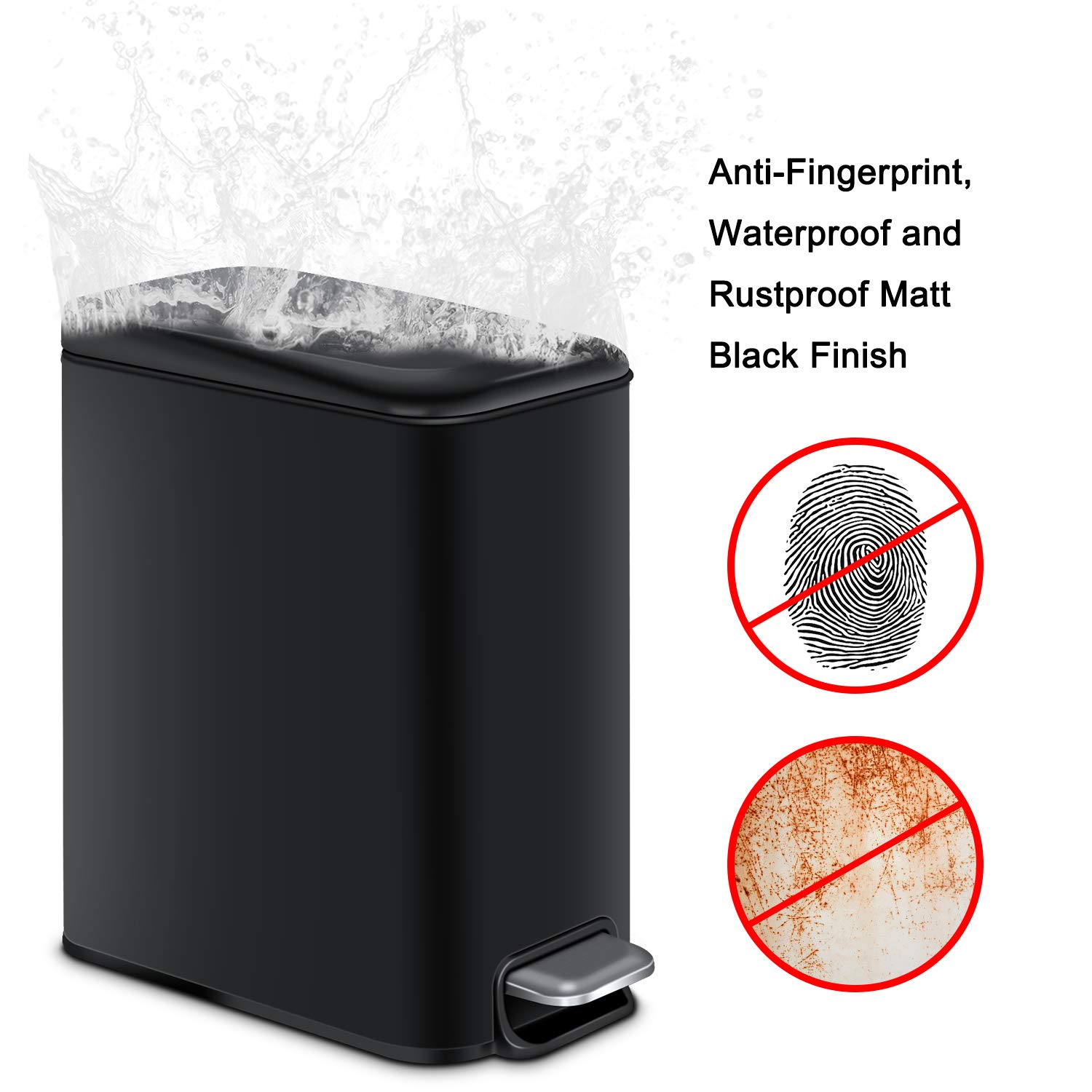 Compact 5L/1.3Gal Rectangular Bathroom Trash Can with Soft Close Lid & Foot Pedal - Slim Black Waste Bin for Bathroom, Bedroom, Office - Removable Inner Basket for Easy Cleaning - Perfect for Small Spaces & Modern Decor