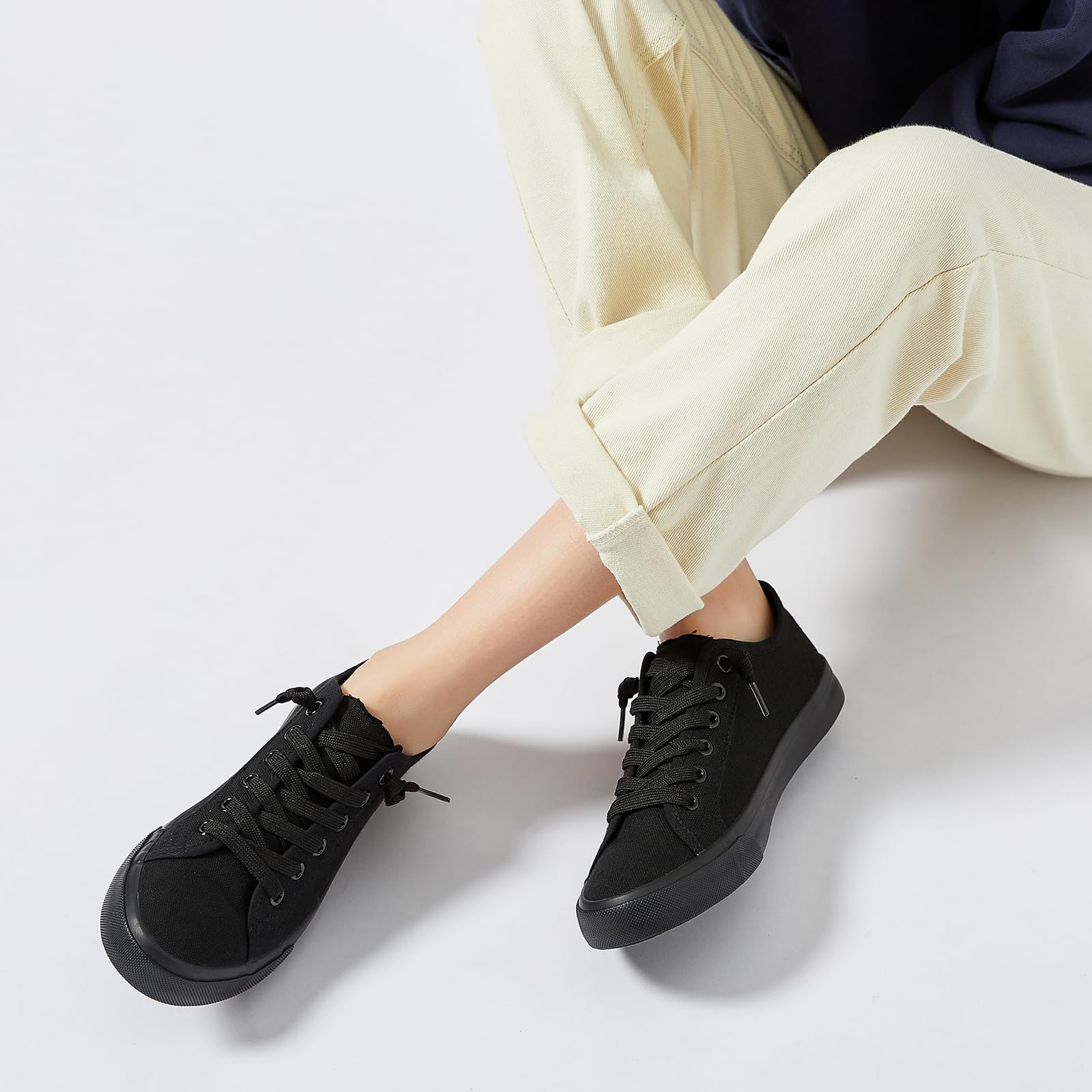 Women's Slip-On Canvas Sneakers - Non-Slip Casual Loafers with Lace-Up Design | White & Black Low Top Fashion Shoes for Everyday Wear | Perfect for Walking, Travel & Office Outfits