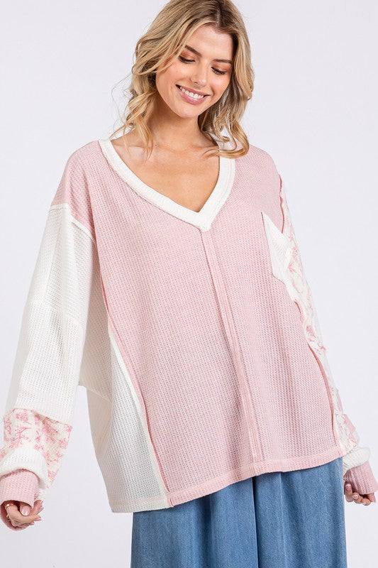 Boho Floral Waffle Knit Top for Women - Long Sleeve V-Neck Loose Beach Tunic - Perfect for Summer Vacations, Music Festivals & Casual Boho Outfits