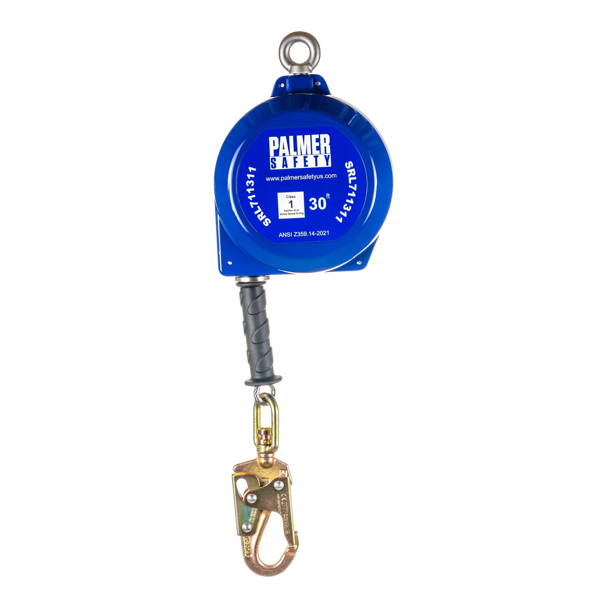 Palmer Safety SRD 30 FT Self Retracting Lifeline - ANSI Z359.14-2021 Class 1 Certified SRL Device with Swivel Top Galvanized Cable & Small Steel Snap Hook - Fall Arrest Safety Equipment for Construction, Roofing & Industrial Work