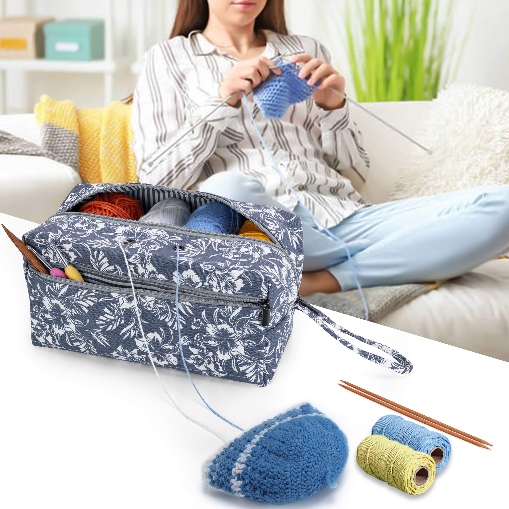 Luxja Large Knitting Yarn Storage Bag with Flowers - Organizer for Crochet Hooks, Knitting Needles (up to 10 Inches) & Craft Supplies - Perfect for Knitters, Crocheters & DIY Enthusiasts at Home or On-The-Go